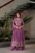 Lavender Faux Georgette Anarkali Gown Sharara with Sequins Work