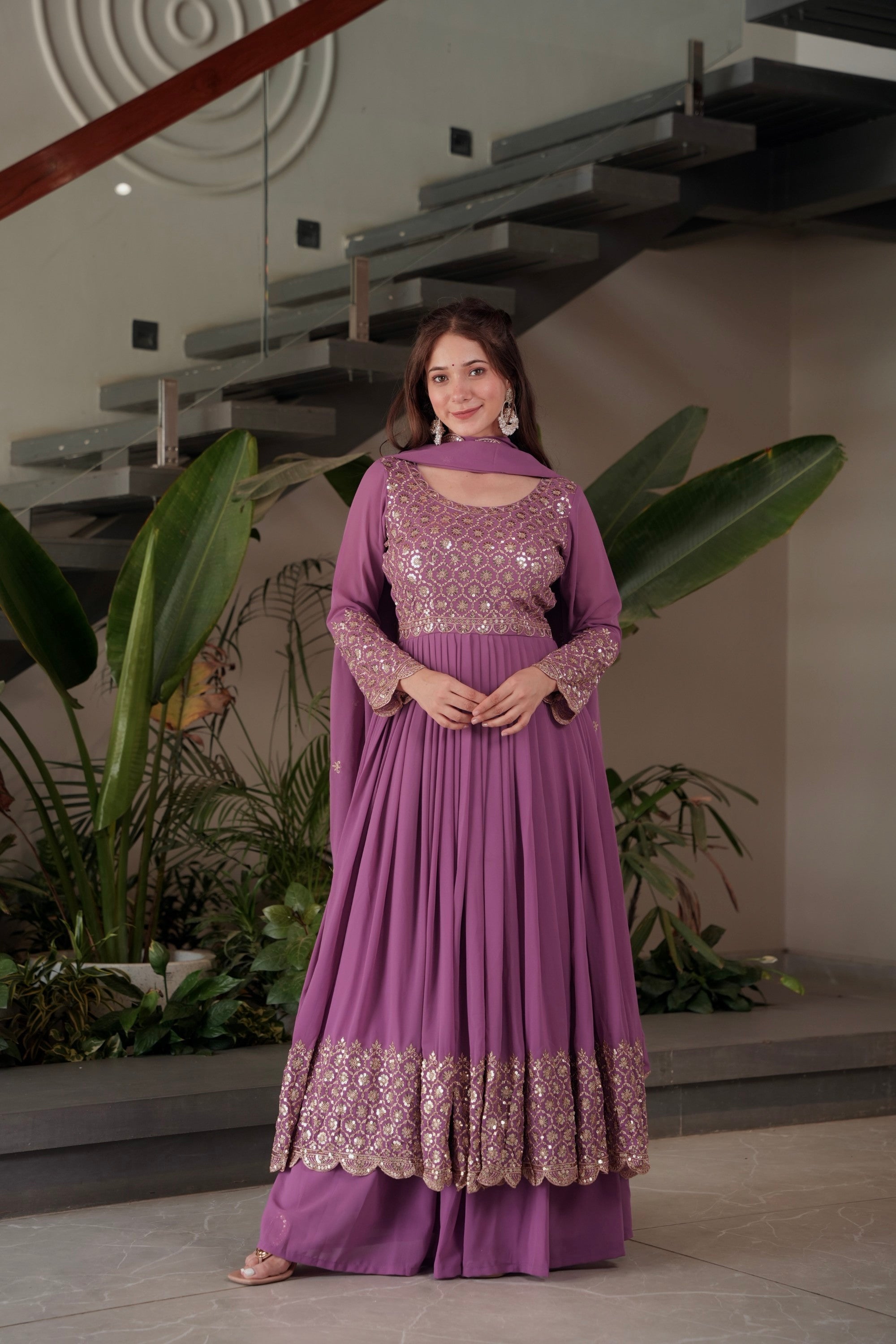 Lavender Faux Georgette Anarkali Gown Sharara with Sequins Work