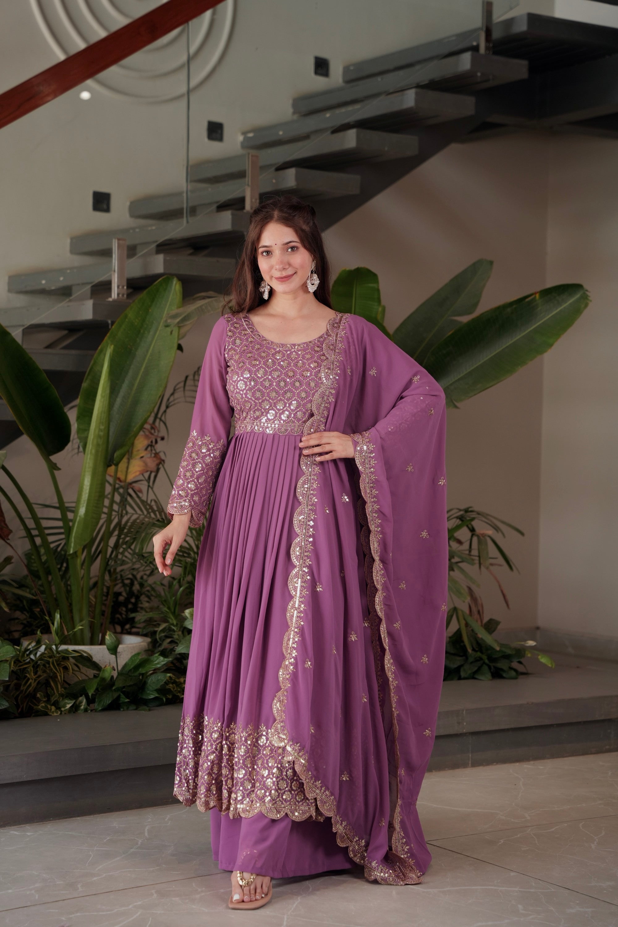 Lavender Faux Georgette Anarkali Gown Sharara with Sequins Work