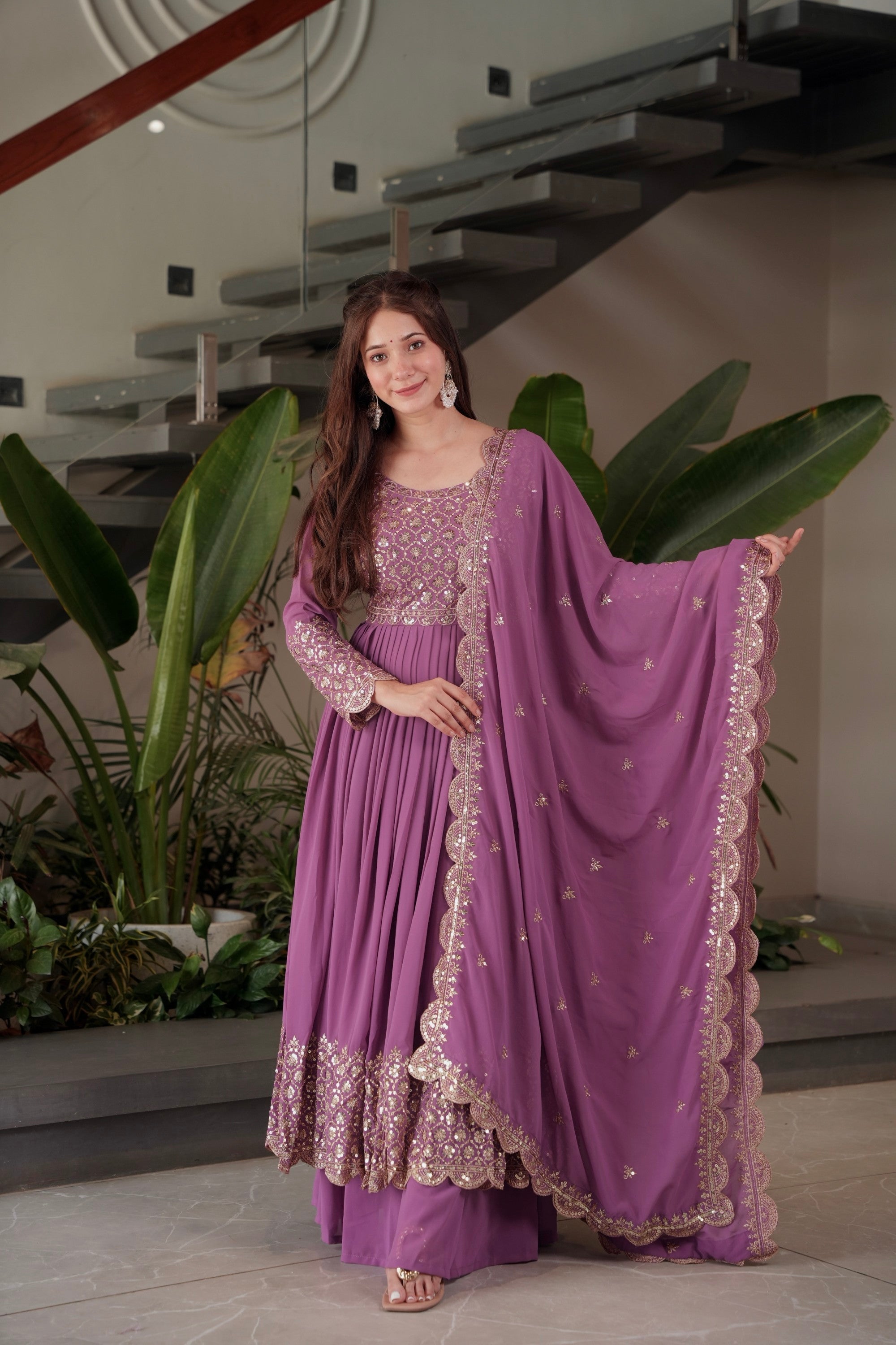 Lavender Faux Georgette Anarkali Gown Sharara with Sequins Work