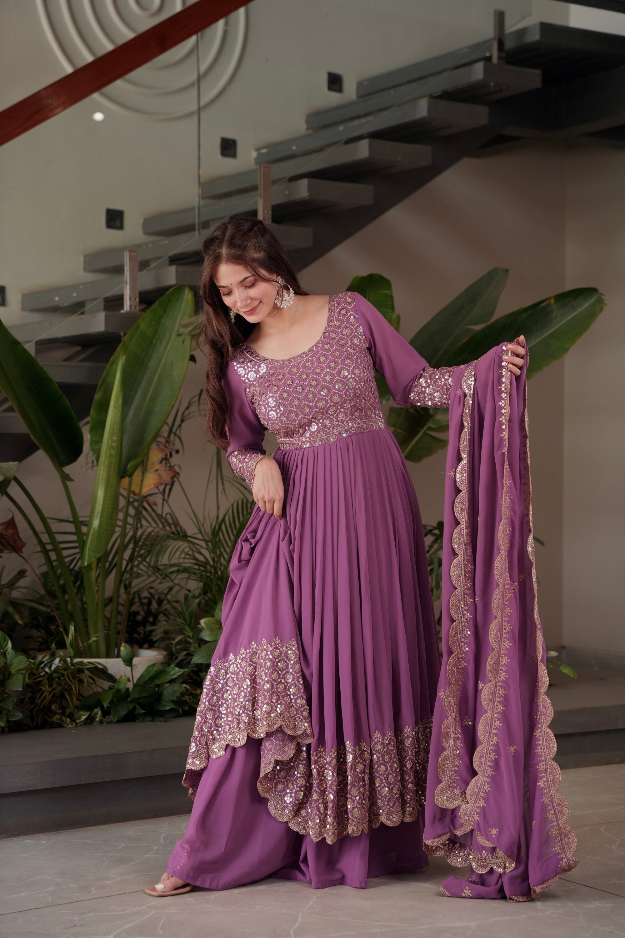 Lavender Faux Georgette Anarkali Gown Sharara with Sequins Work