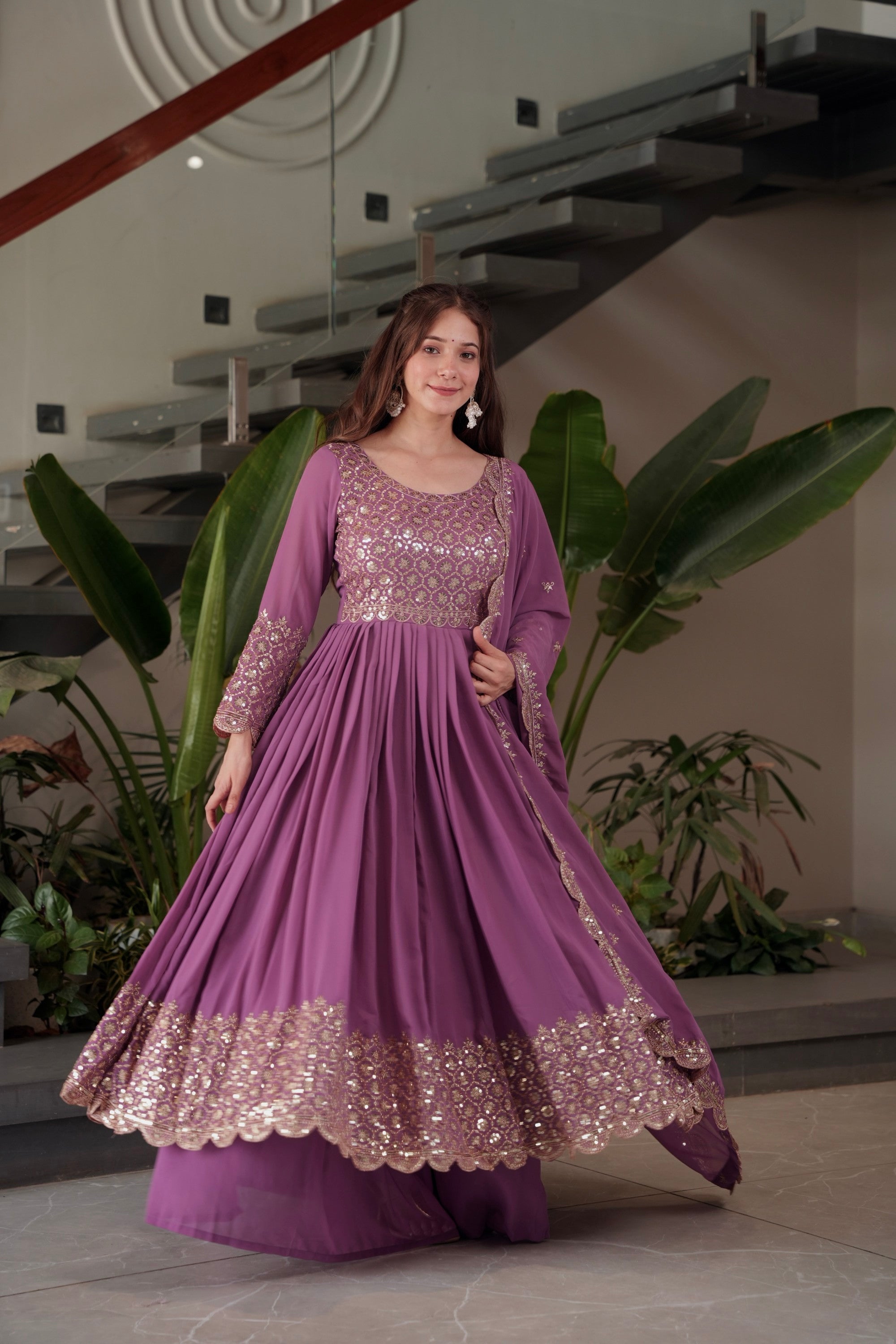 Lavender Faux Georgette Anarkali Gown Sharara with Sequins Work