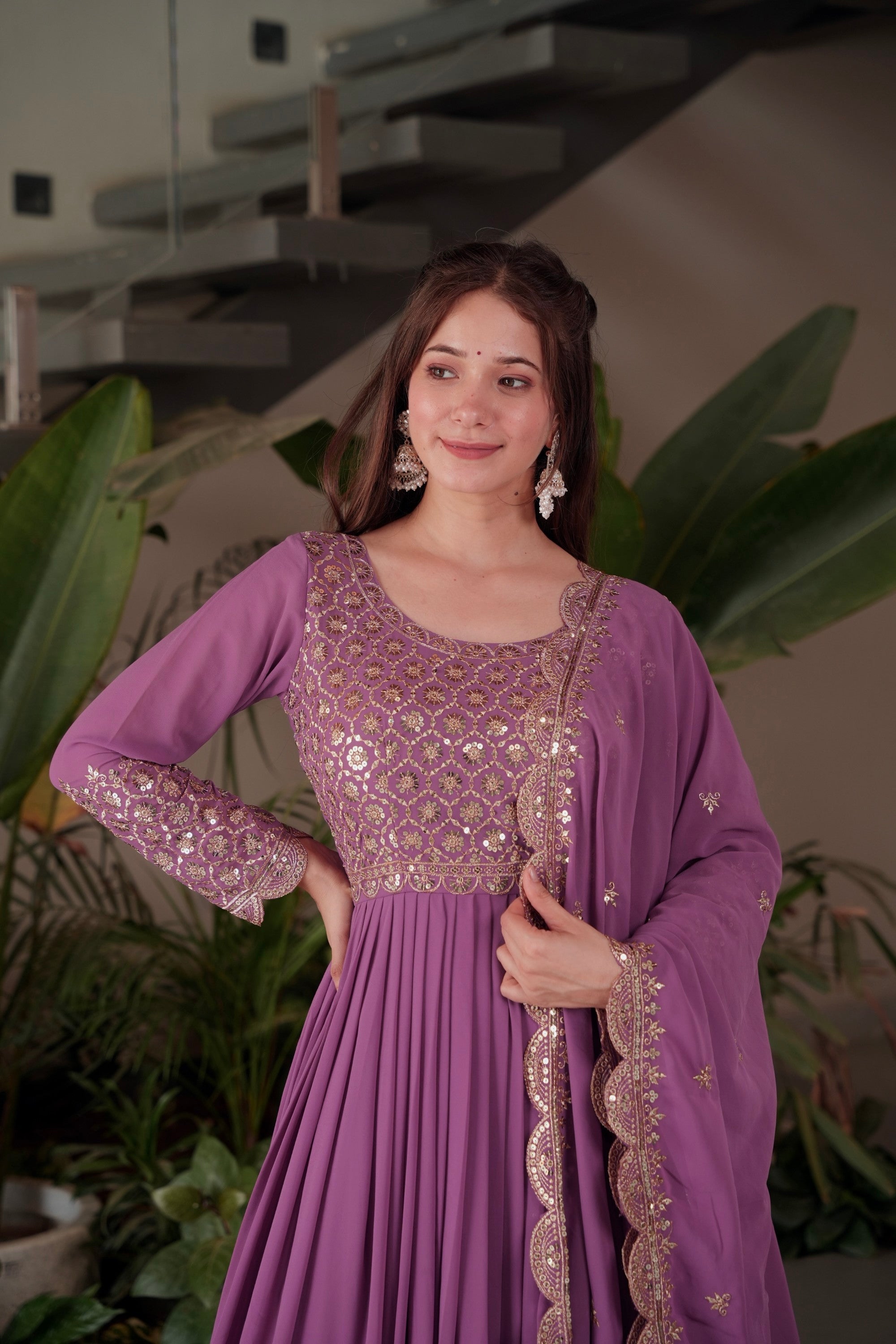 Lavender Faux Georgette Anarkali Gown Sharara with Sequins Work