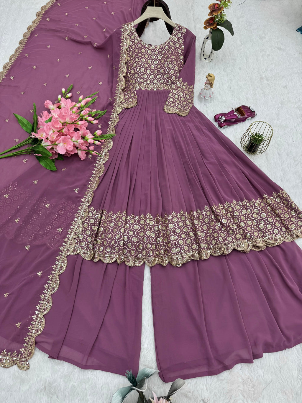 Lavender Faux Georgette Anarkali Gown Sharara with Sequins Work