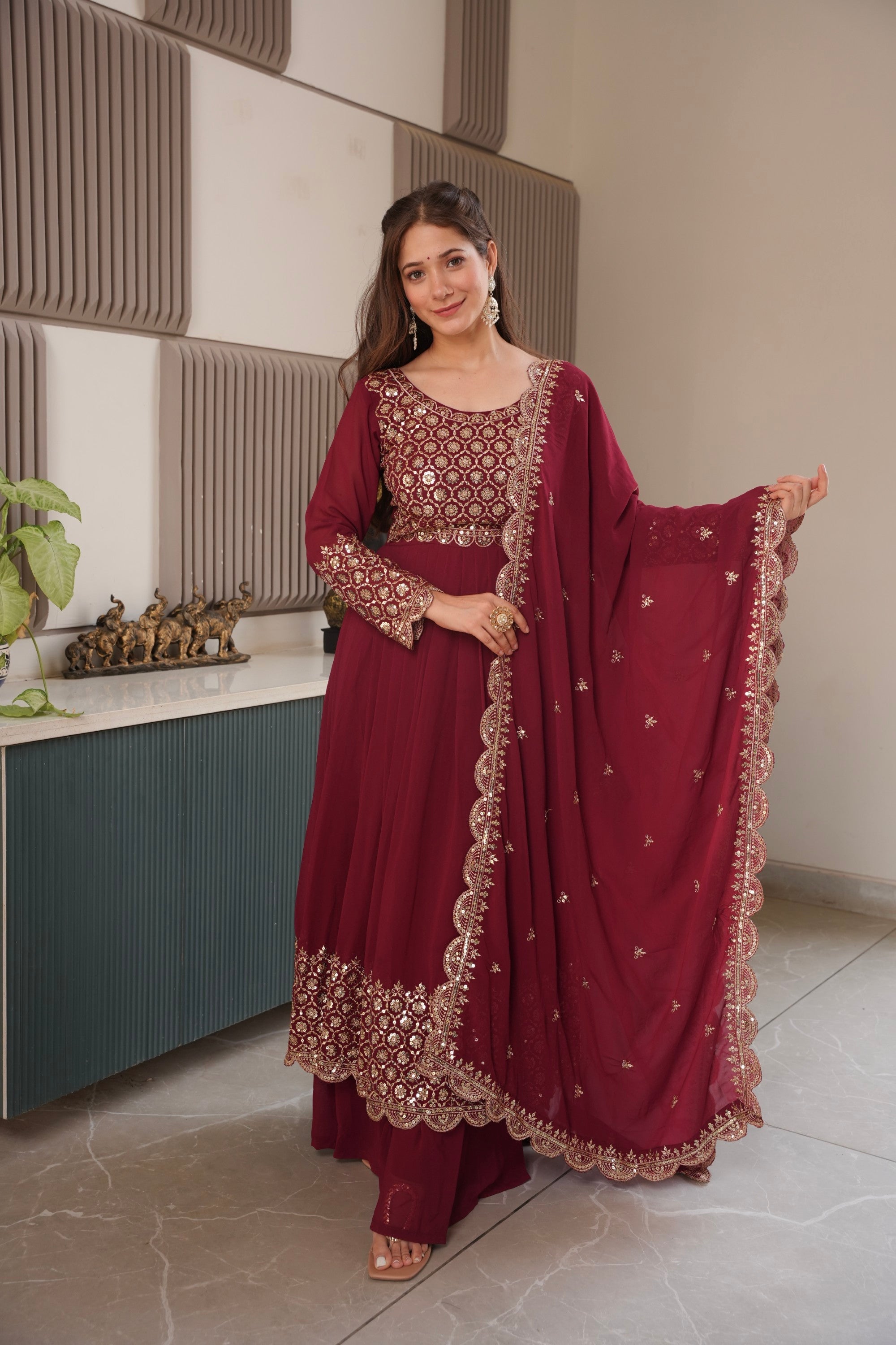 Maroon Faux Georgette Anarkali Gown with Sharara and Dupatta