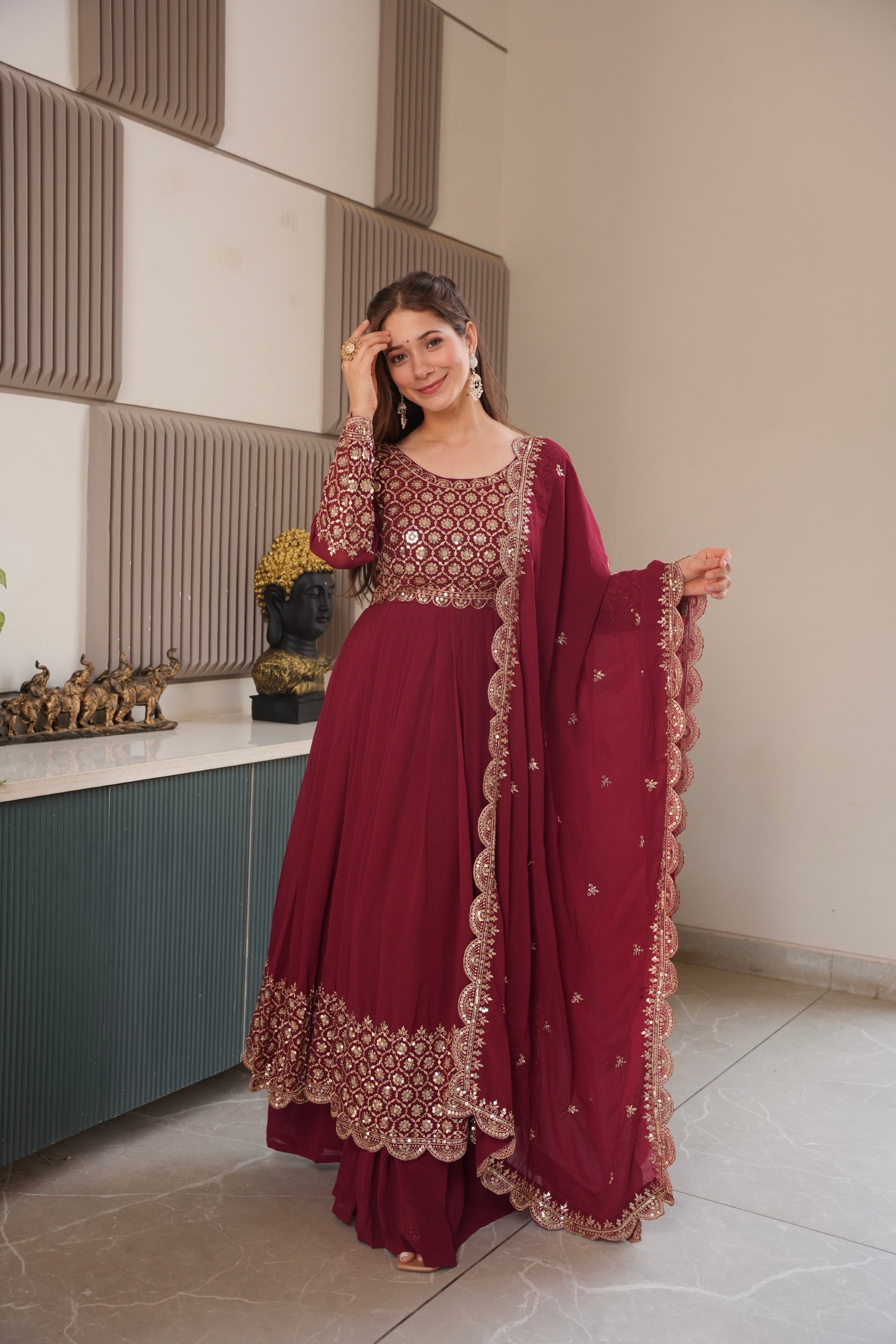 Maroon Faux Georgette Anarkali Gown with Sharara and Dupatta