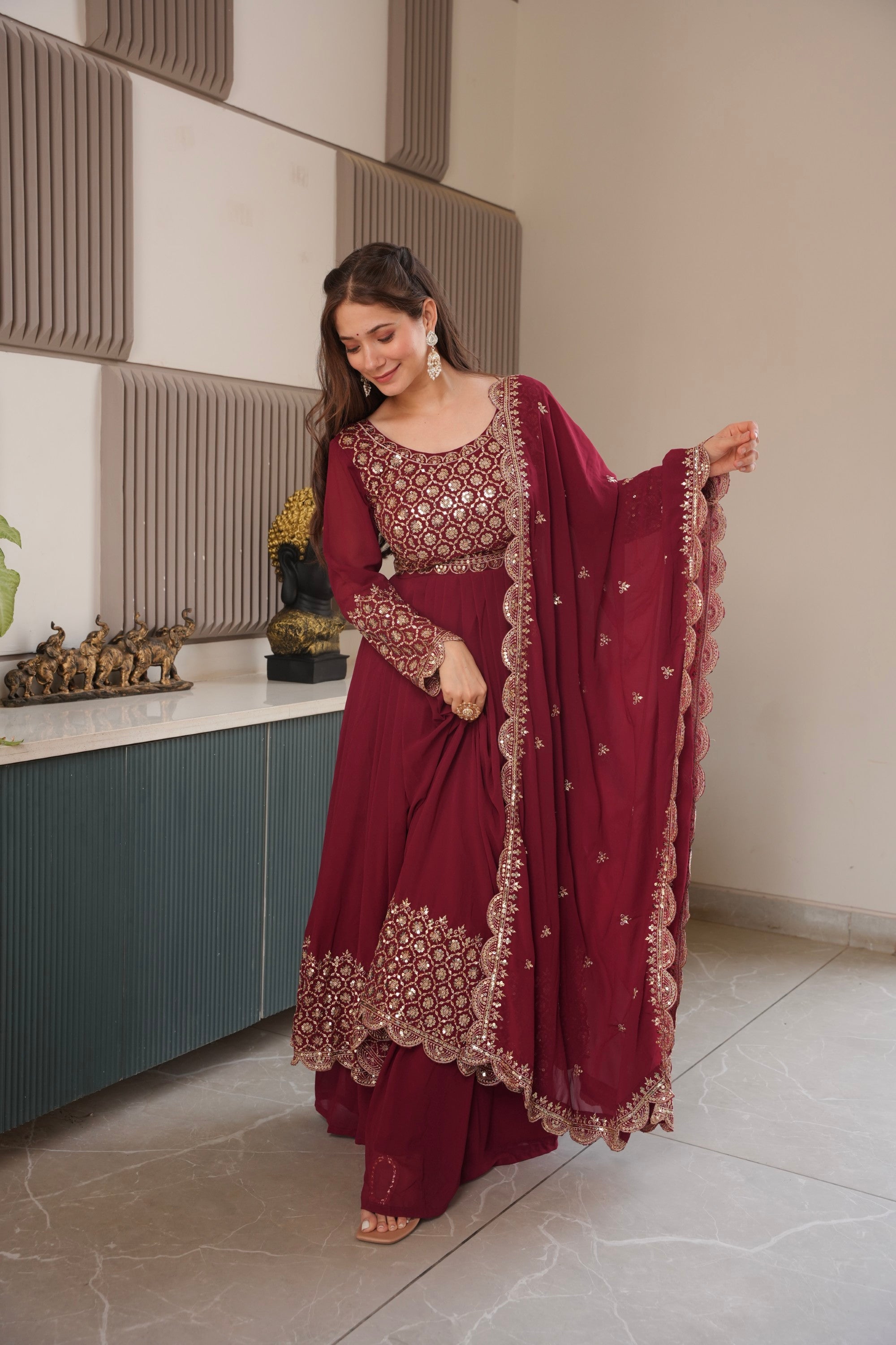 Maroon Faux Georgette Anarkali Gown with Sharara and Dupatta