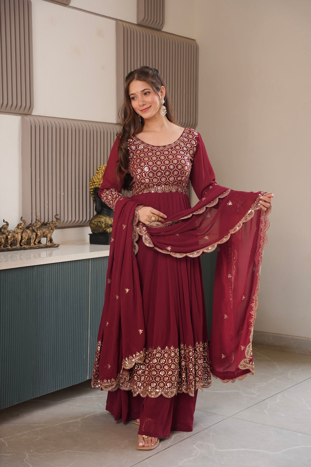Maroon Faux Georgette Anarkali Gown with Sharara and Dupatta