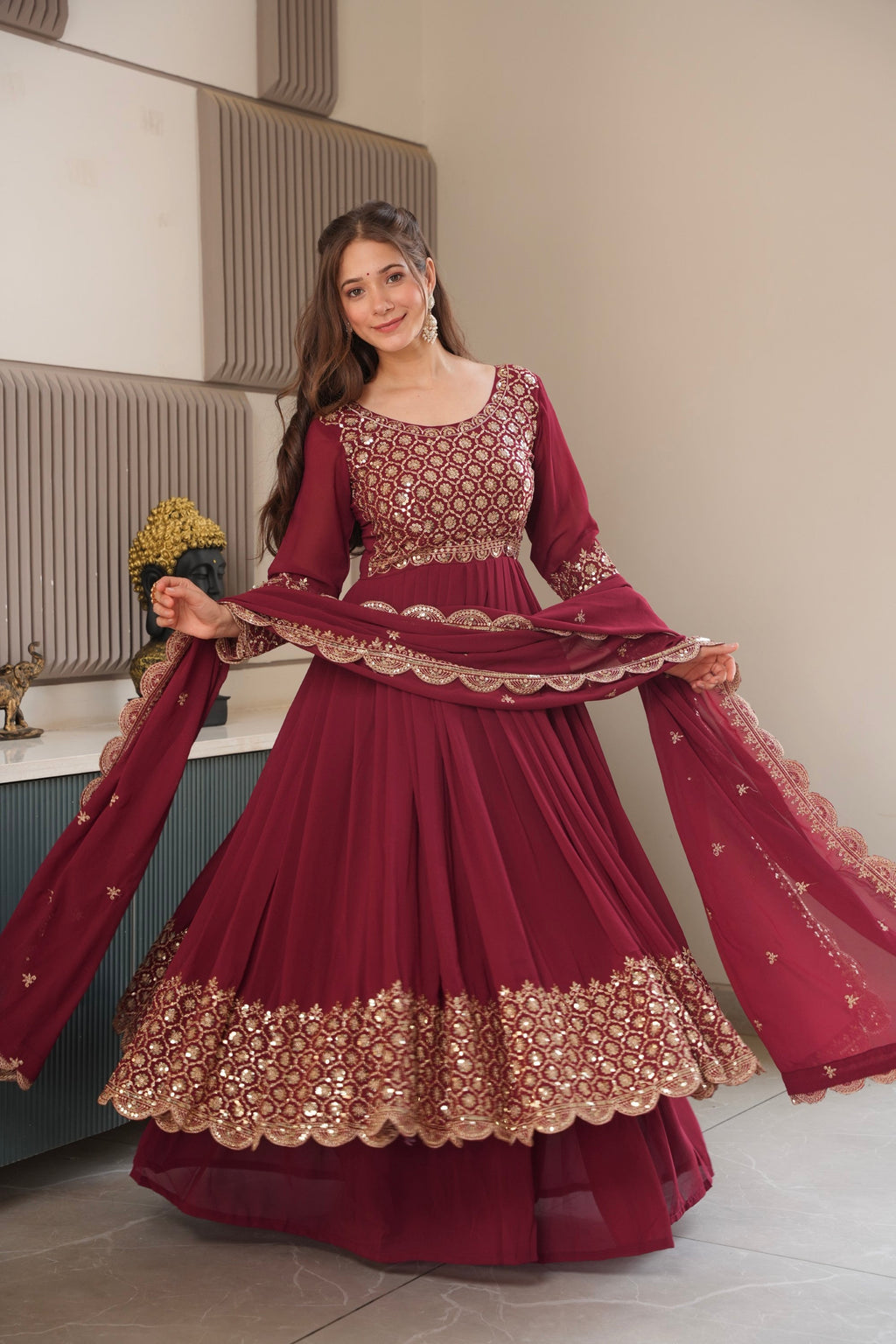 Maroon Faux Georgette Anarkali Gown with Sharara and Dupatta