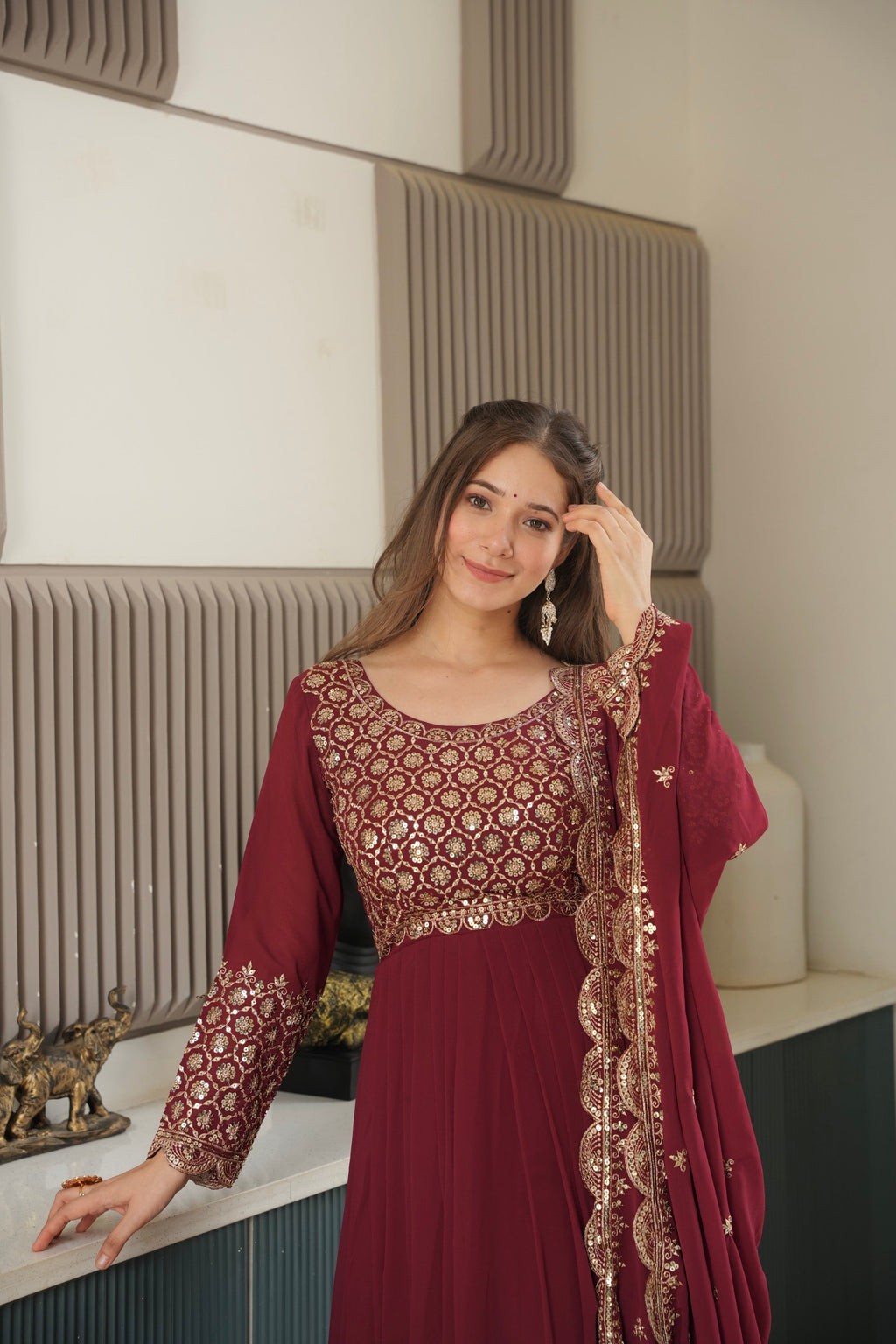 Maroon Faux Georgette Anarkali Gown with Sharara and Dupatta