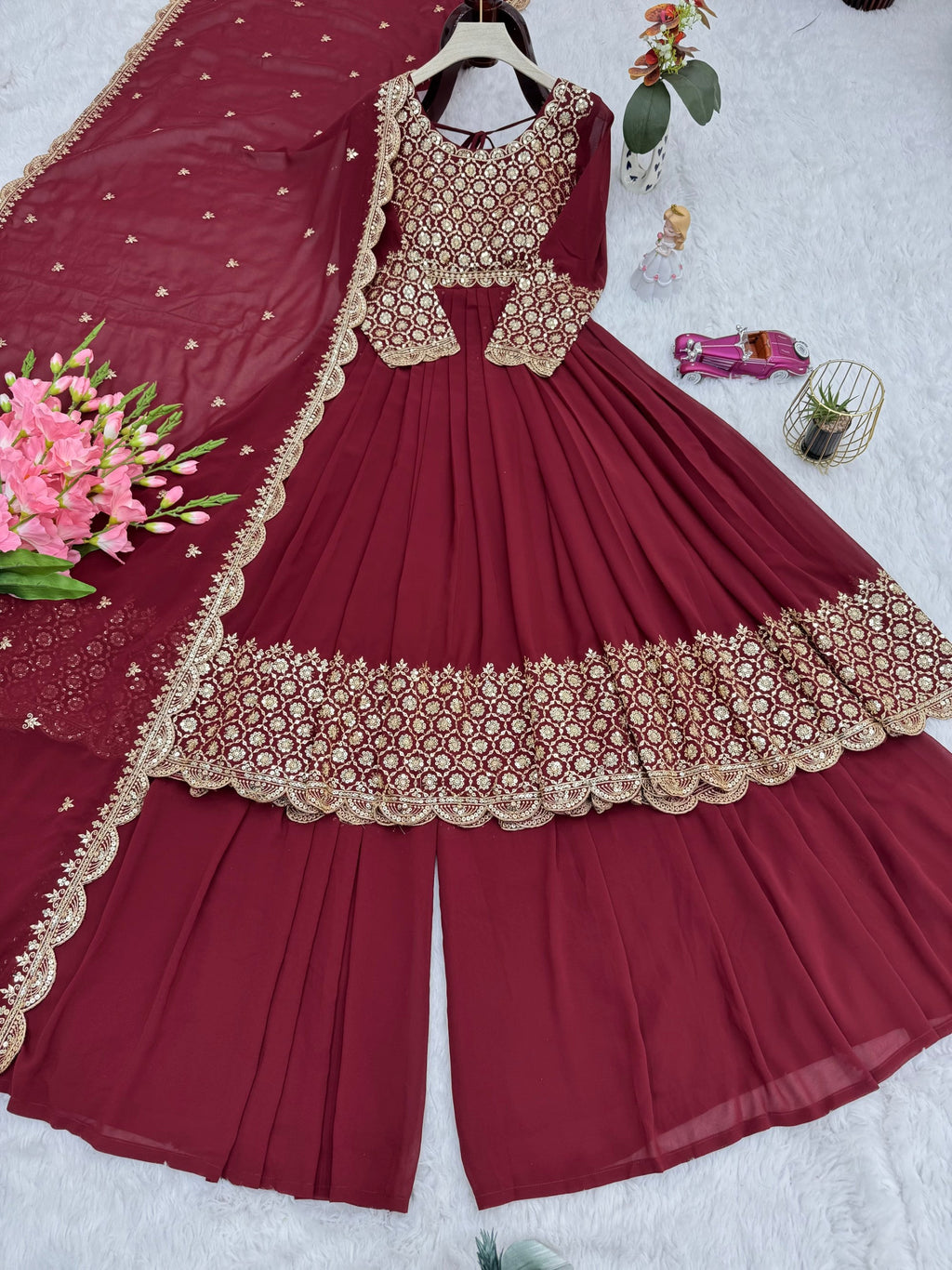 Maroon Faux Georgette Anarkali Gown with Sharara and Dupatta