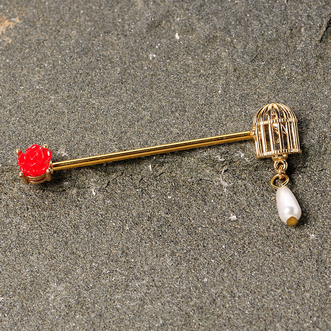 14G Gold Tone Red Flower Birdcage Industrial Barbell 38mm