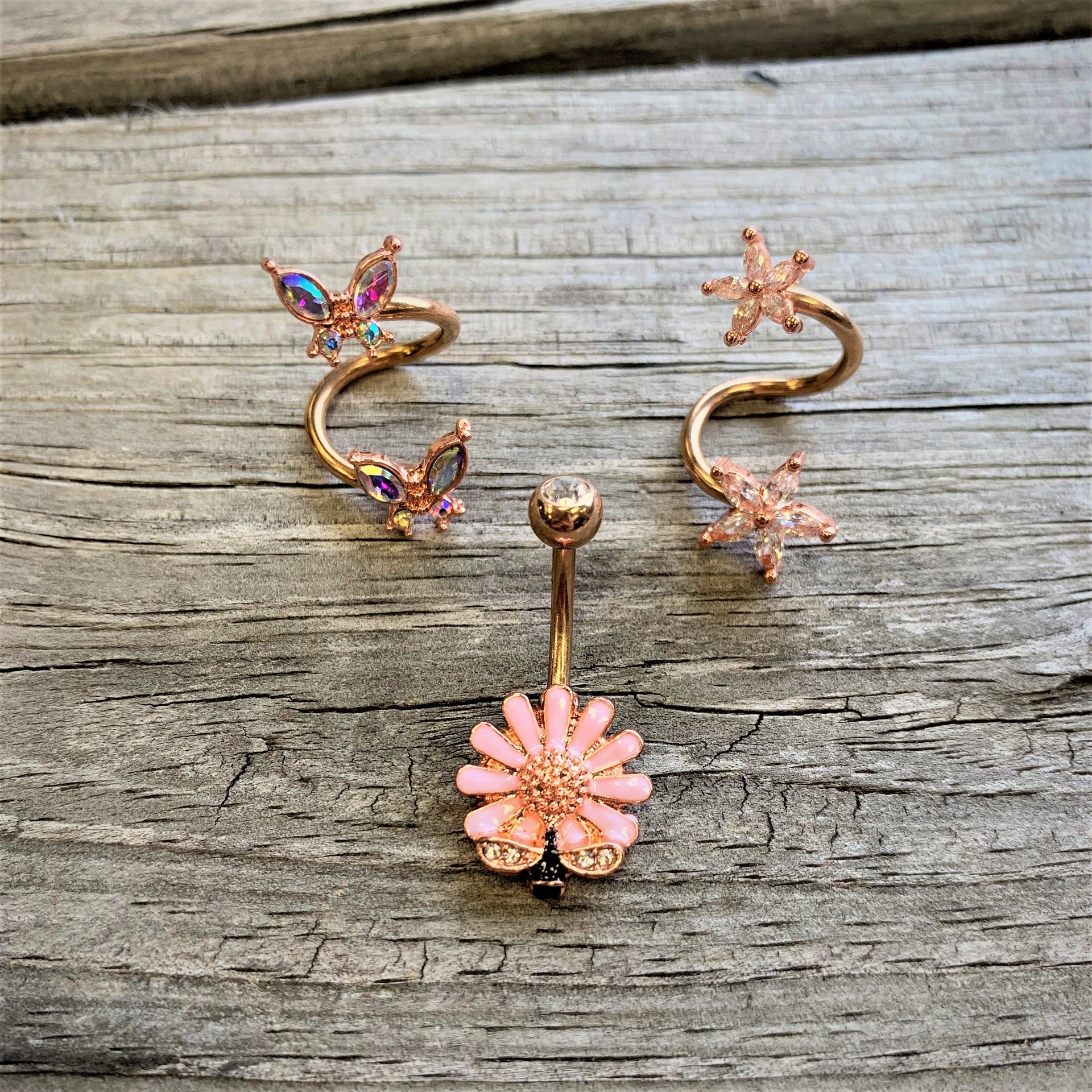 14G 3/8 Aurora Gem Rose Gold Tone Butterfly Spiral Twister Ring