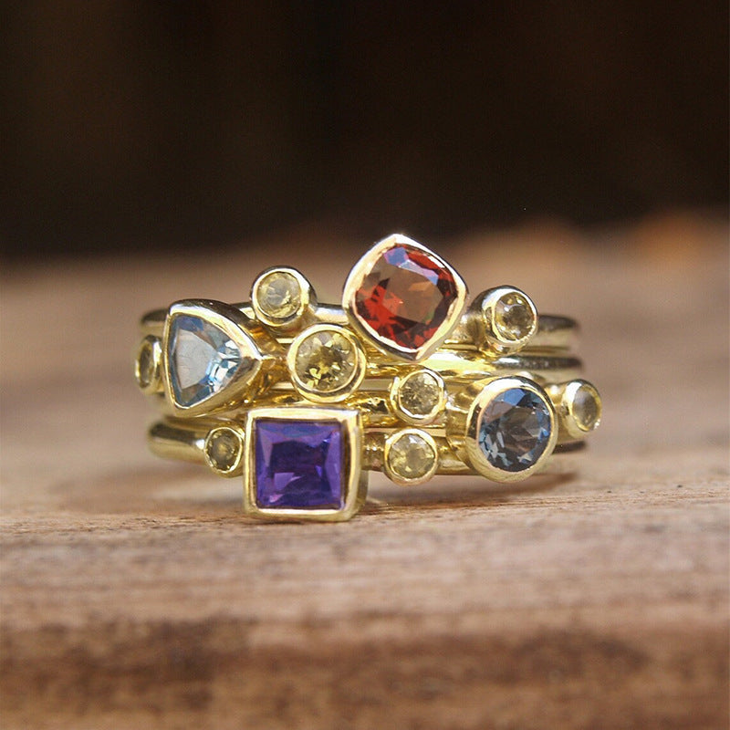 Geometric Ring Asymmetric Multicolor Gem Color Ring