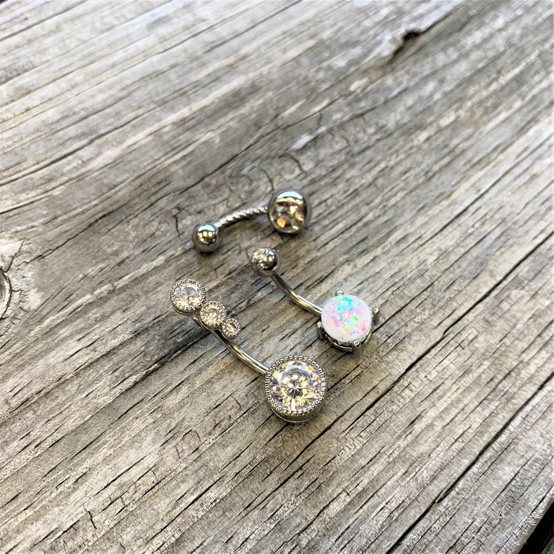Clear Gem White Faux Opal Twisted Belly Ring Set of 3