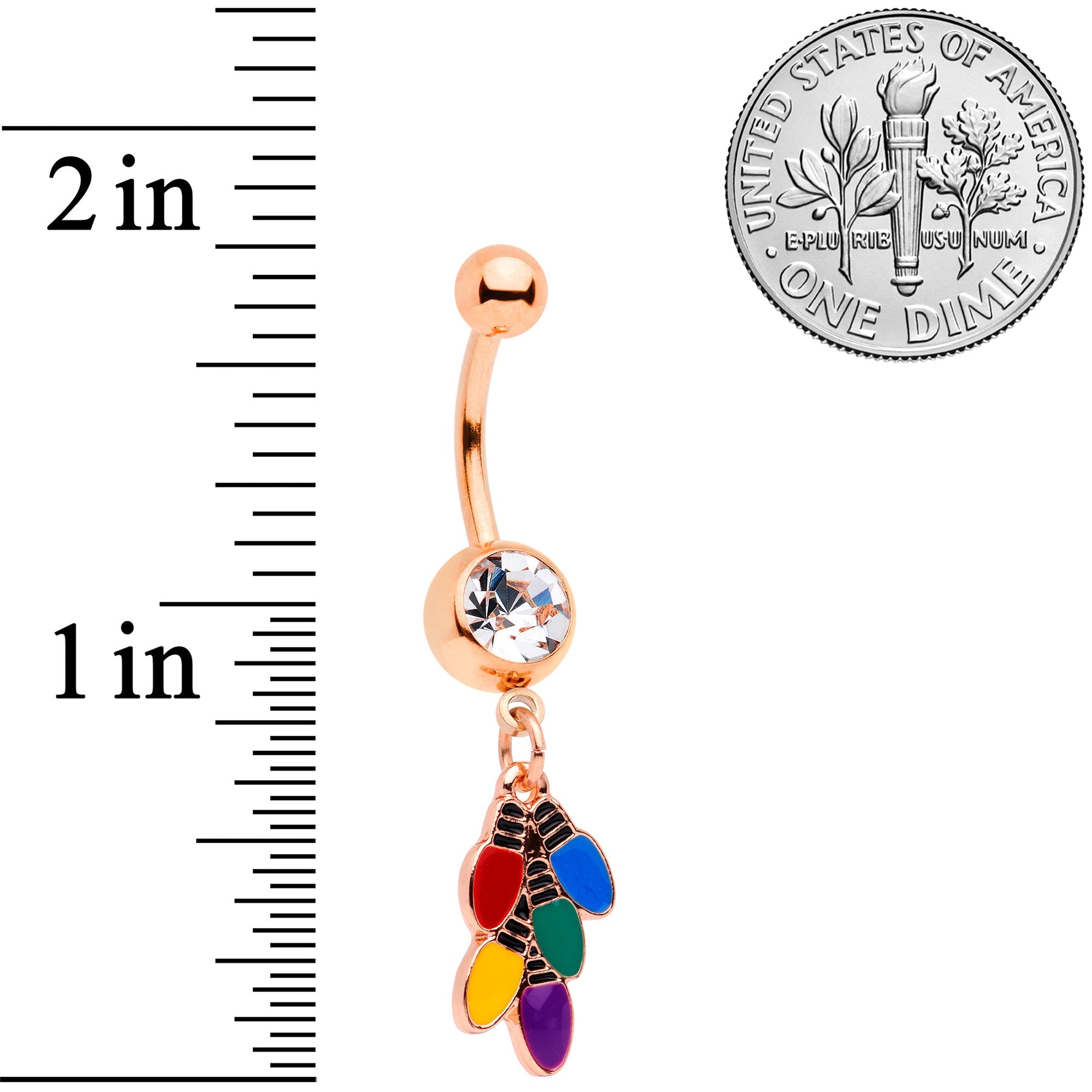 Clear Gem Rose Gold Tone Christmas Lights Holiday Dangle Belly Ring