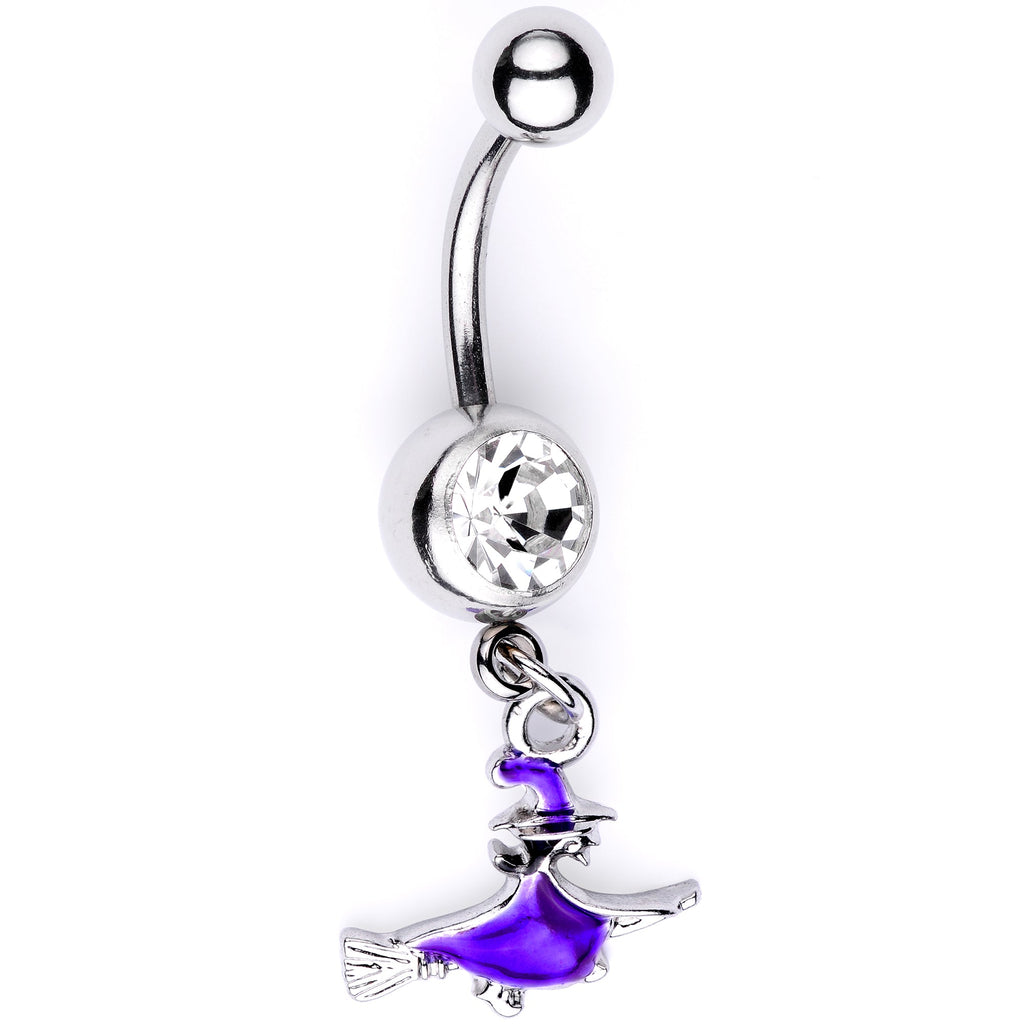 Silver-tone belly ring with a purple witch charm flying on a broomstick and a clear gemstone.