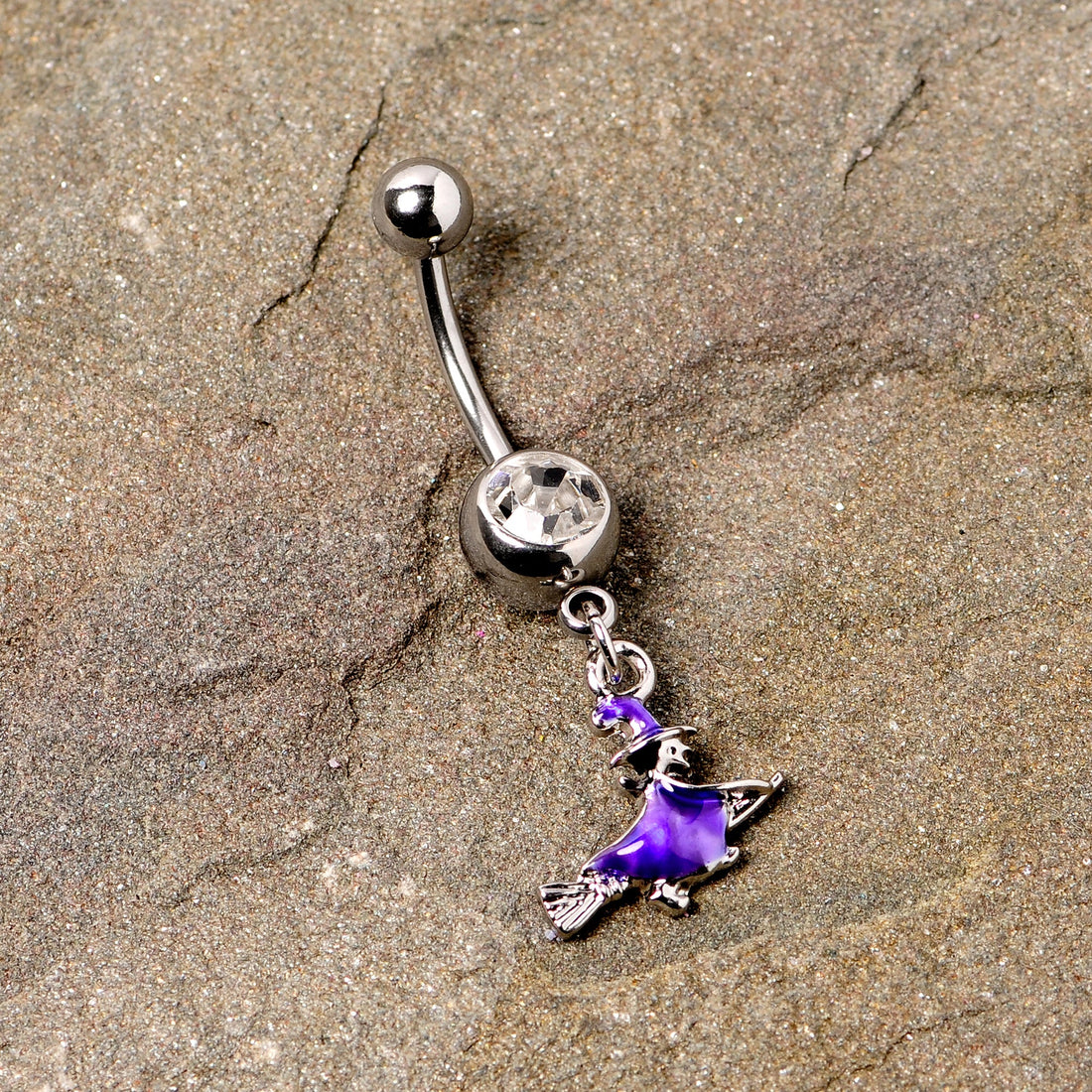 Witch Flying on Broom Dangle Belly Ring with Clear Gem - Image 2