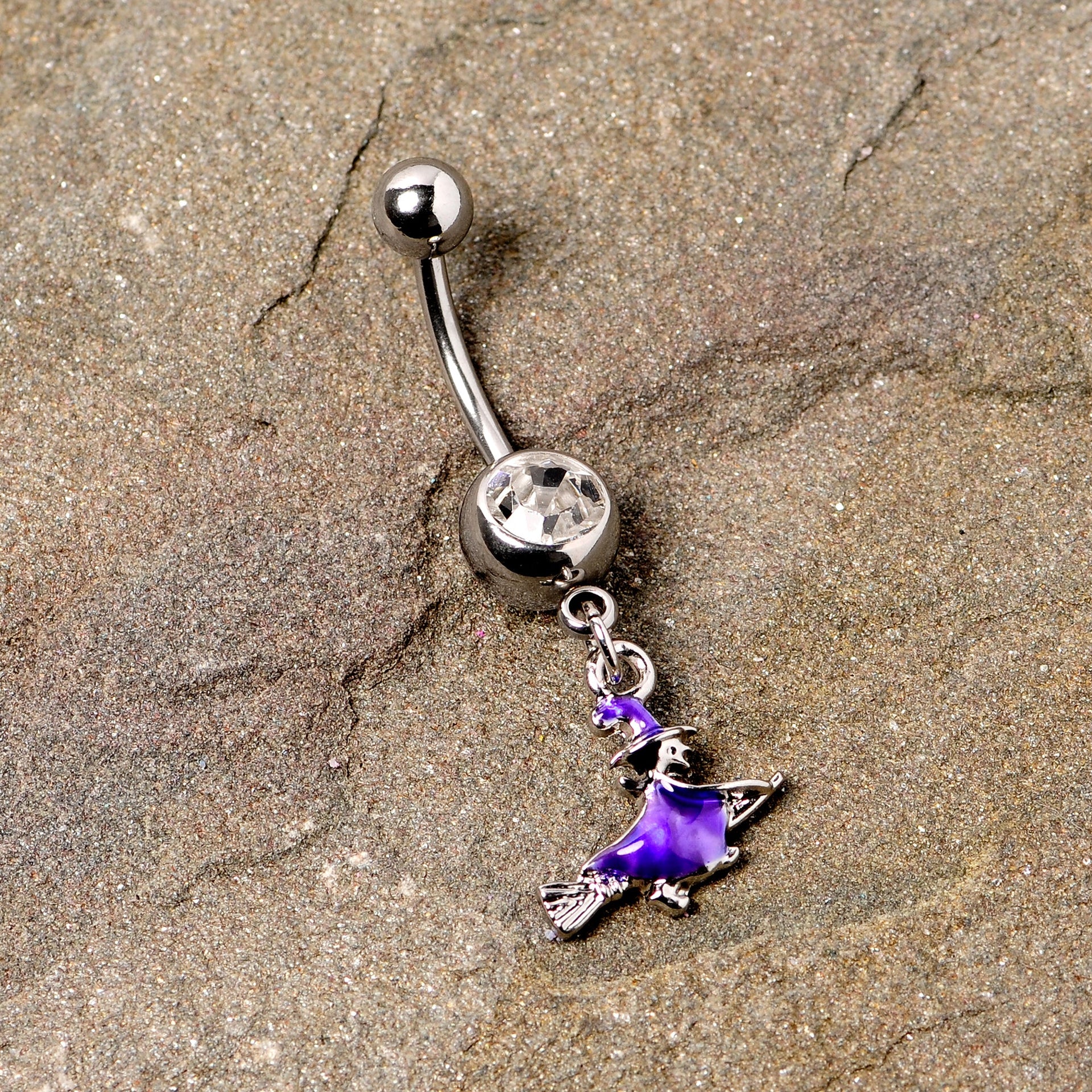 Witch Flying on Broom Dangle Belly Ring with Clear Gem - Image 2
