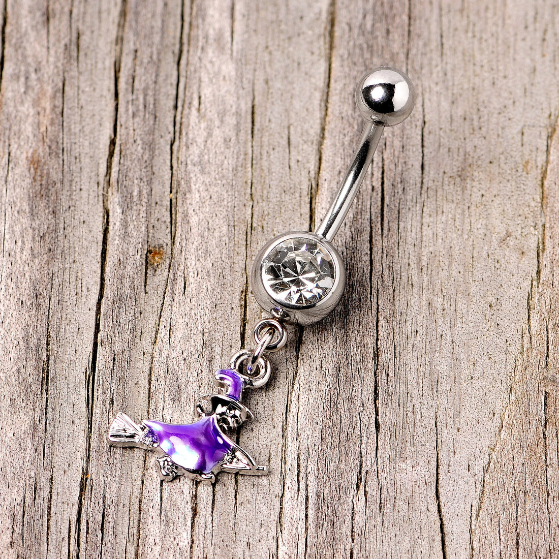 Witch Flying on Broom Dangle Belly Ring with Clear Gem - Image 3