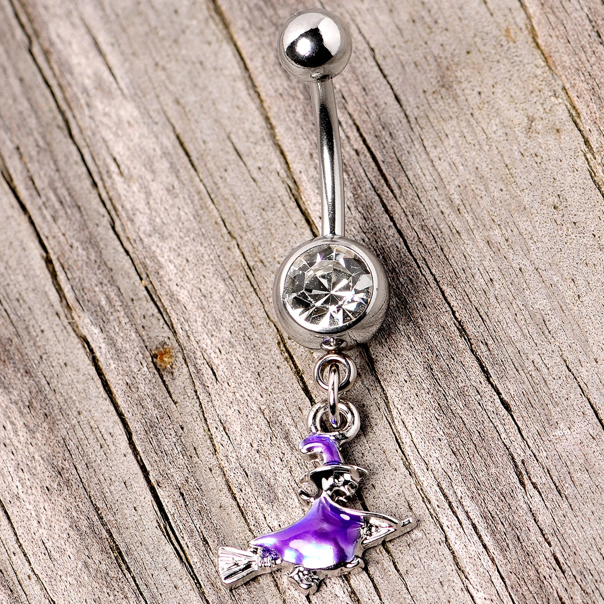 Witch Flying on Broom Dangle Belly Ring with Clear Gem - Image 4
