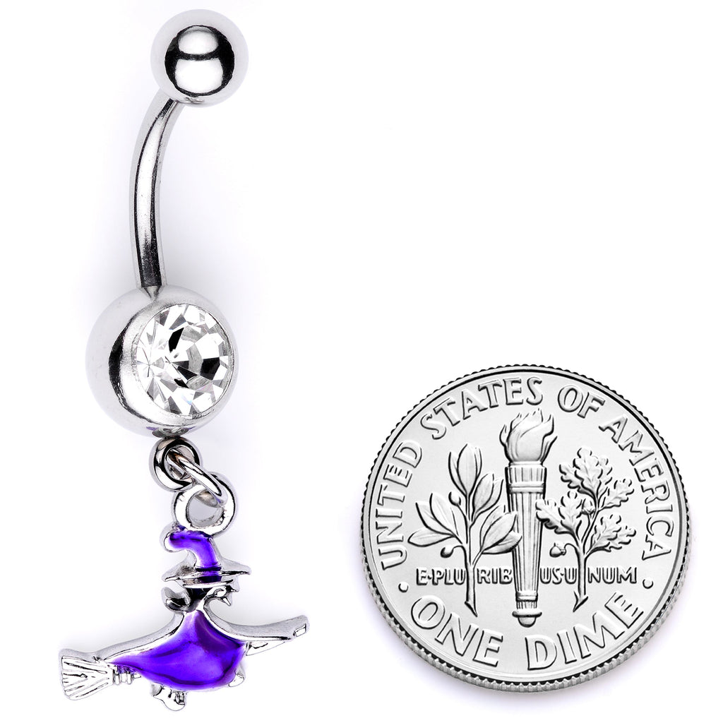 Witch Flying on Broom Dangle Belly Ring with Clear Gem - Image 5