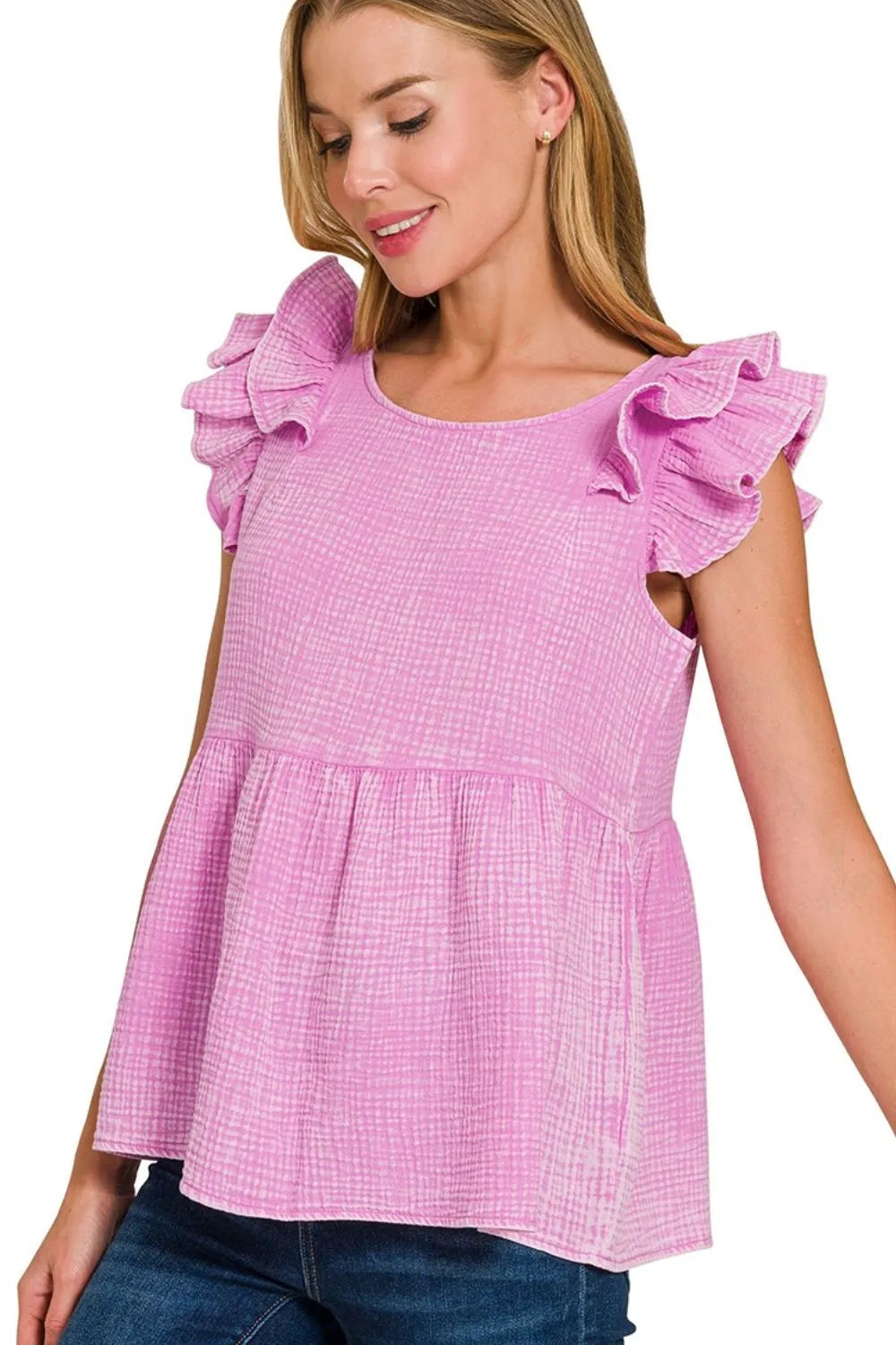 Zenana Cotton Peplum Top with Flutter Sleeves | Turquoise