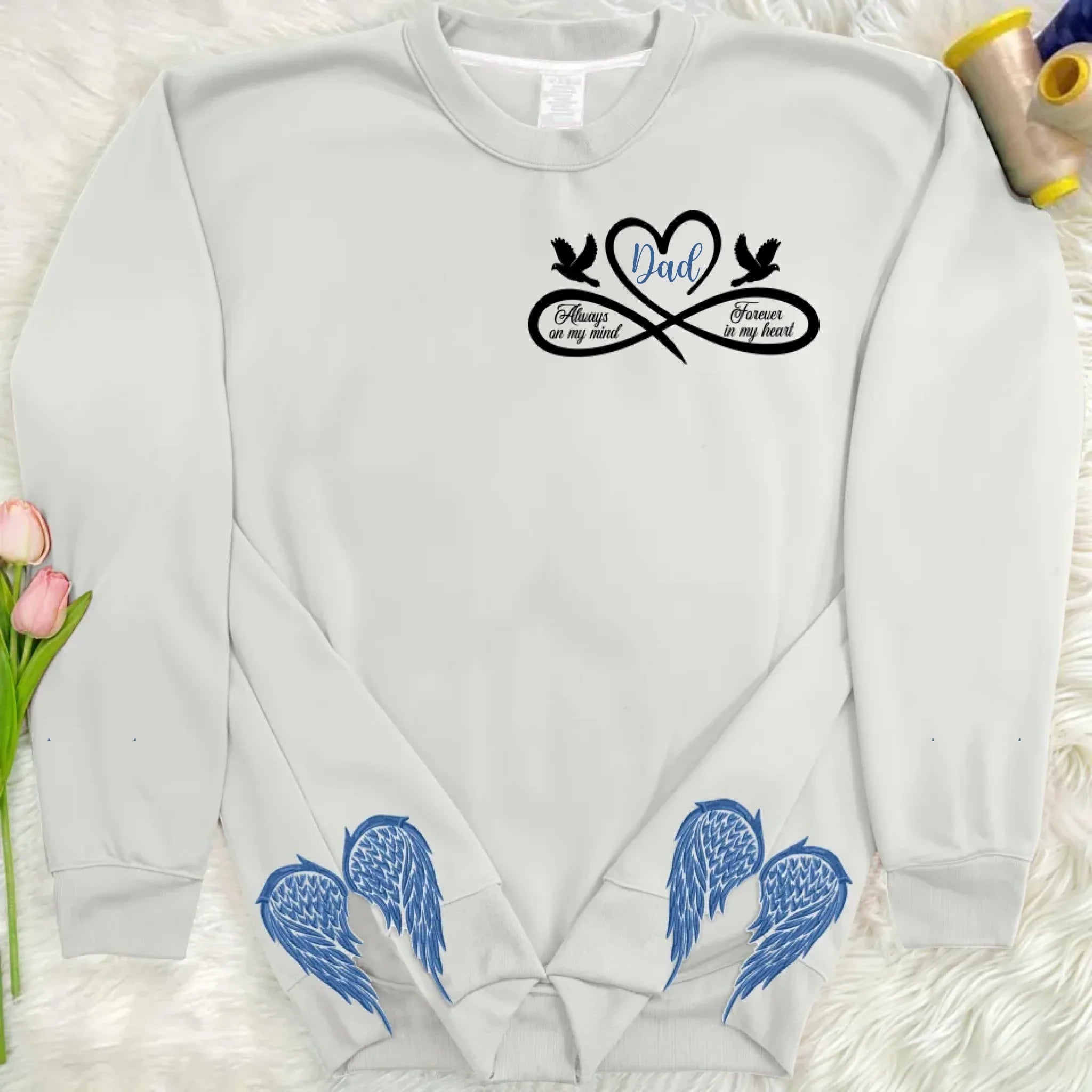 Personalized Memorial Side Bow Split Embroidered Sweatshirt - Always On My Mind Forever In My Heart - Memorial Gift Idea For Loss Of Dad/Mom