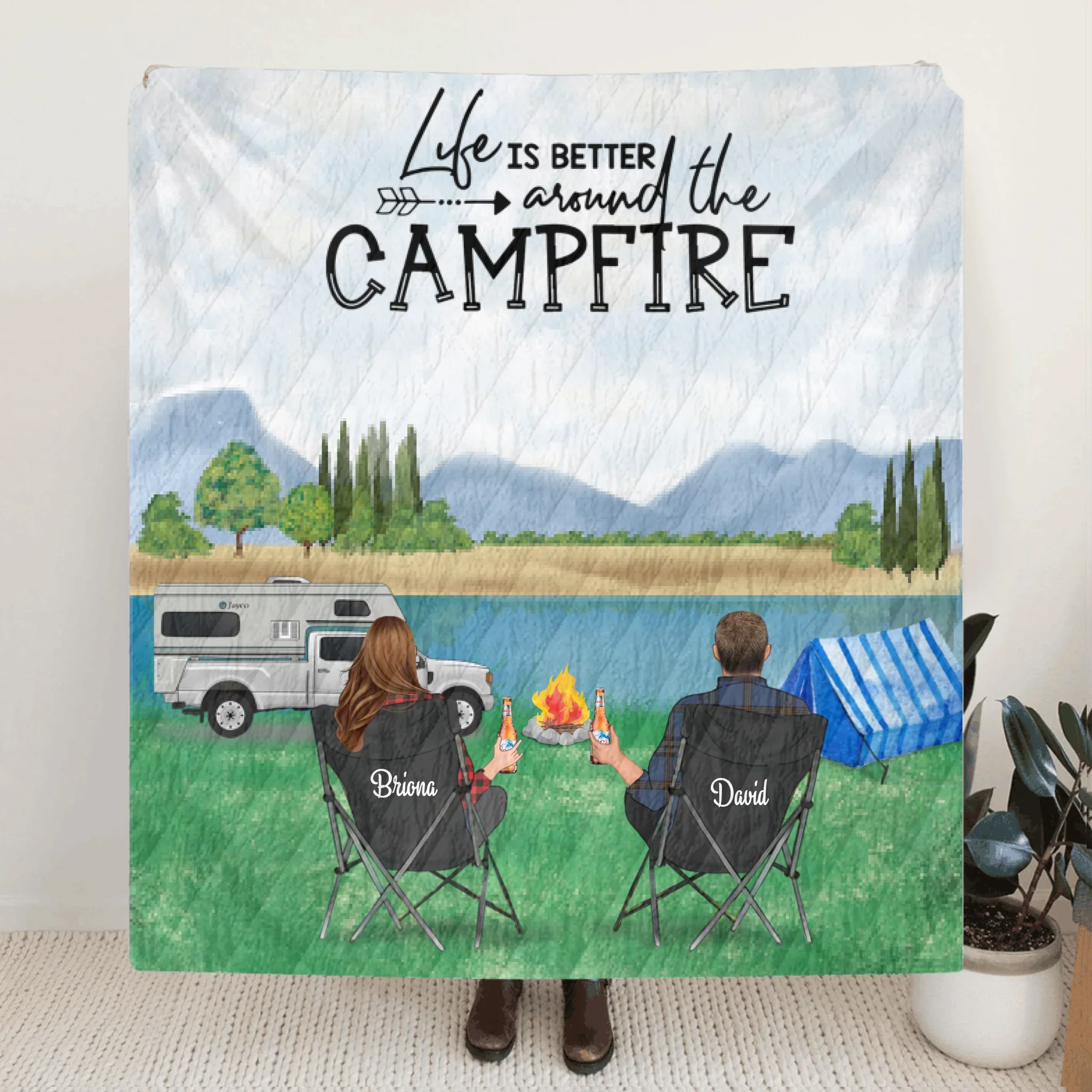 Personalized Mountain Camping Quilt Blanket - Couple Up to 3 Dogs - Gift For Couple - Life Is Better Around The Campfire
