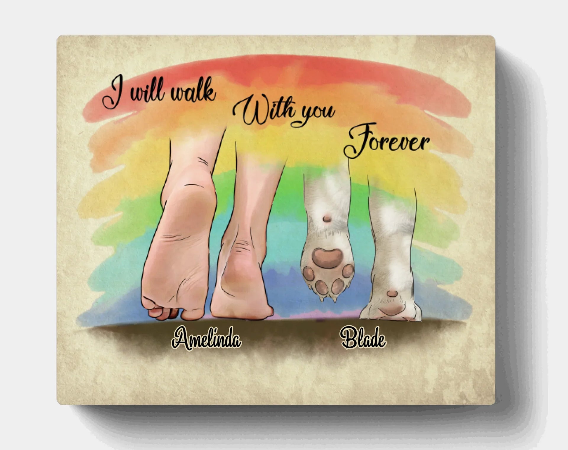 Personalized Horizontal Canvas, Gift for Dog Owners, Dog Mom Dad - Owner's Foot and Dog's Paws Wall-art with Up to 3 Dogs's Paws  - I Will Walk With You Forever
