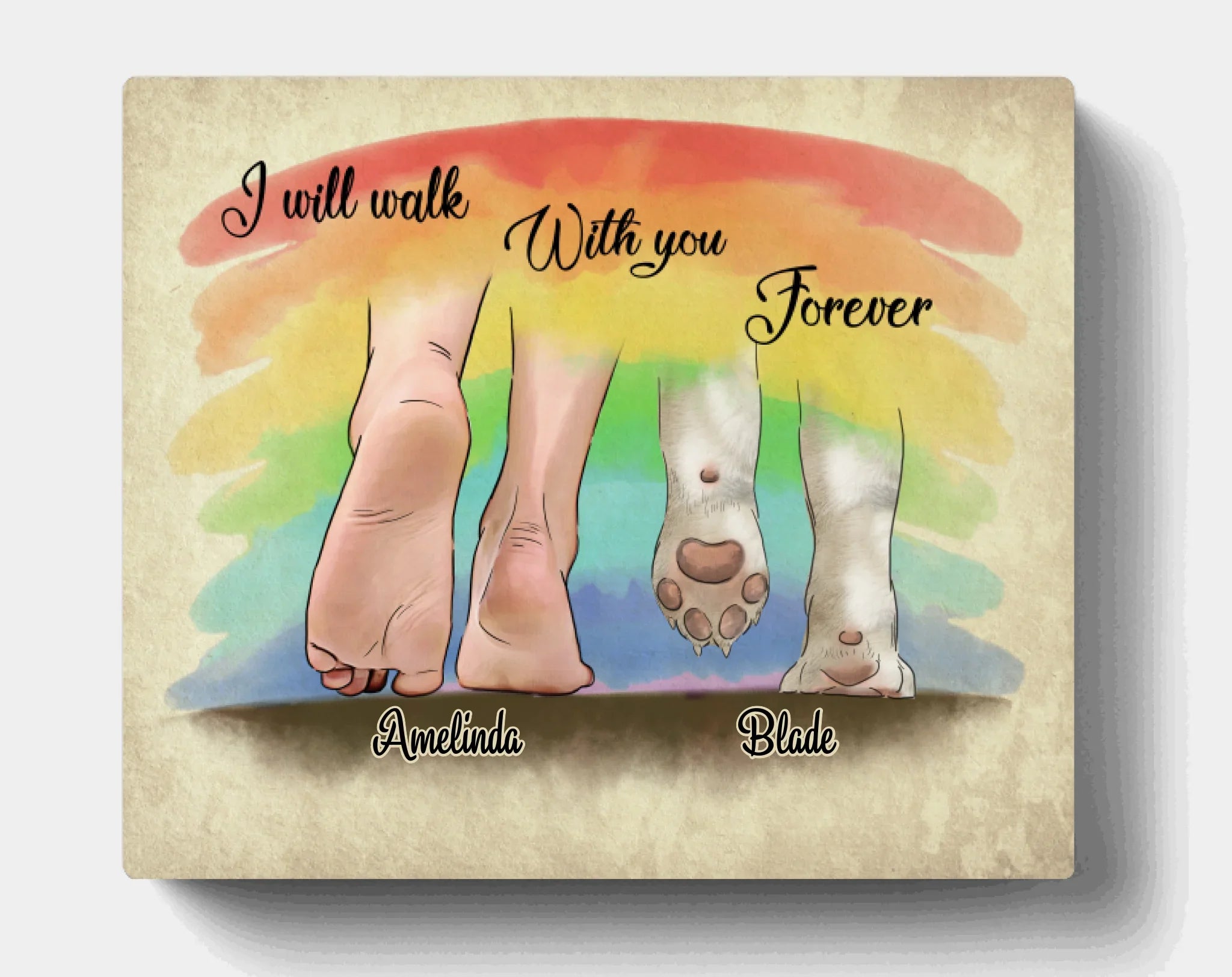 Personalized Horizontal Canvas, Gift for Dog Owners, Dog Mom Dad - Owner's Foot and Dog's Paws Wall-art with Up to 3 Dogs's Paws  - I Will Walk With You Forever
