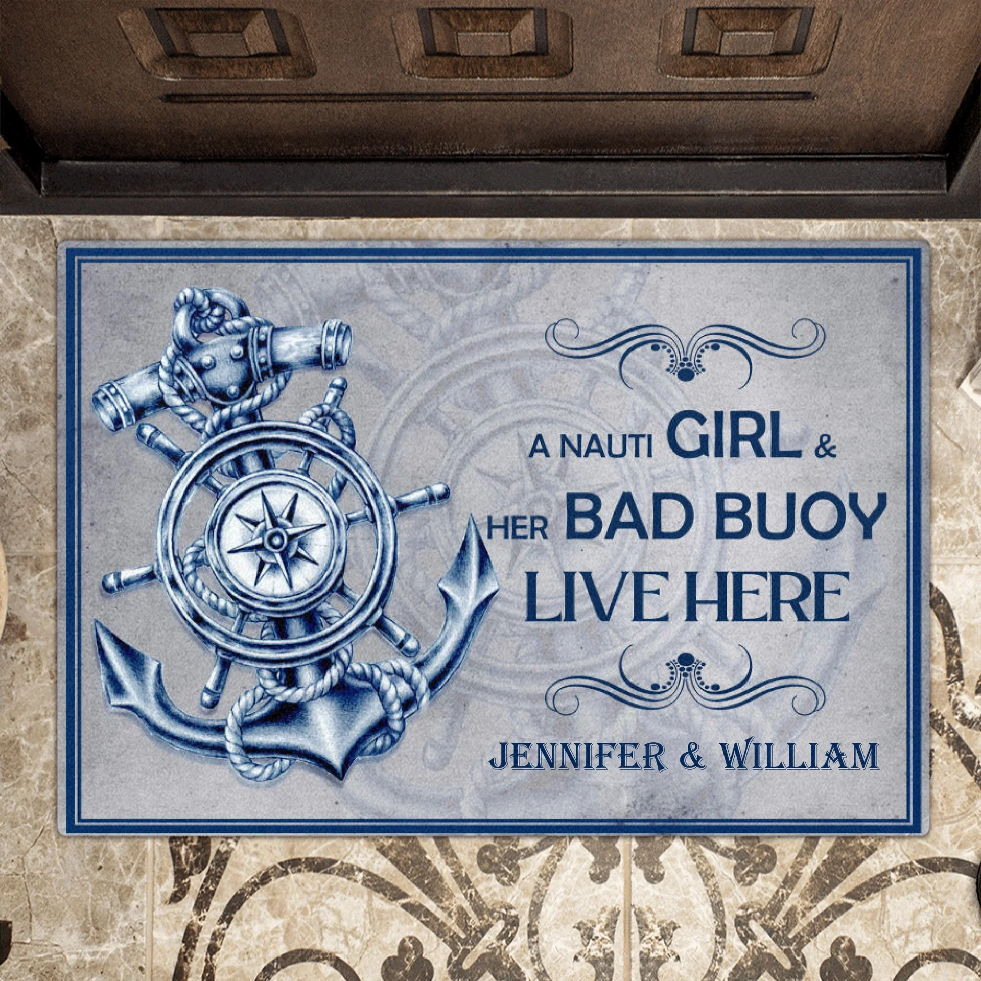 Personalized Nautical Doormat - Best Gift For Couple - A Nauti Girl & Her Bad Buoy Love Here - 5OFTEJ