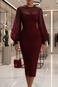 Mesh Yoke Lantern Sleeve Midi Sheath Dress