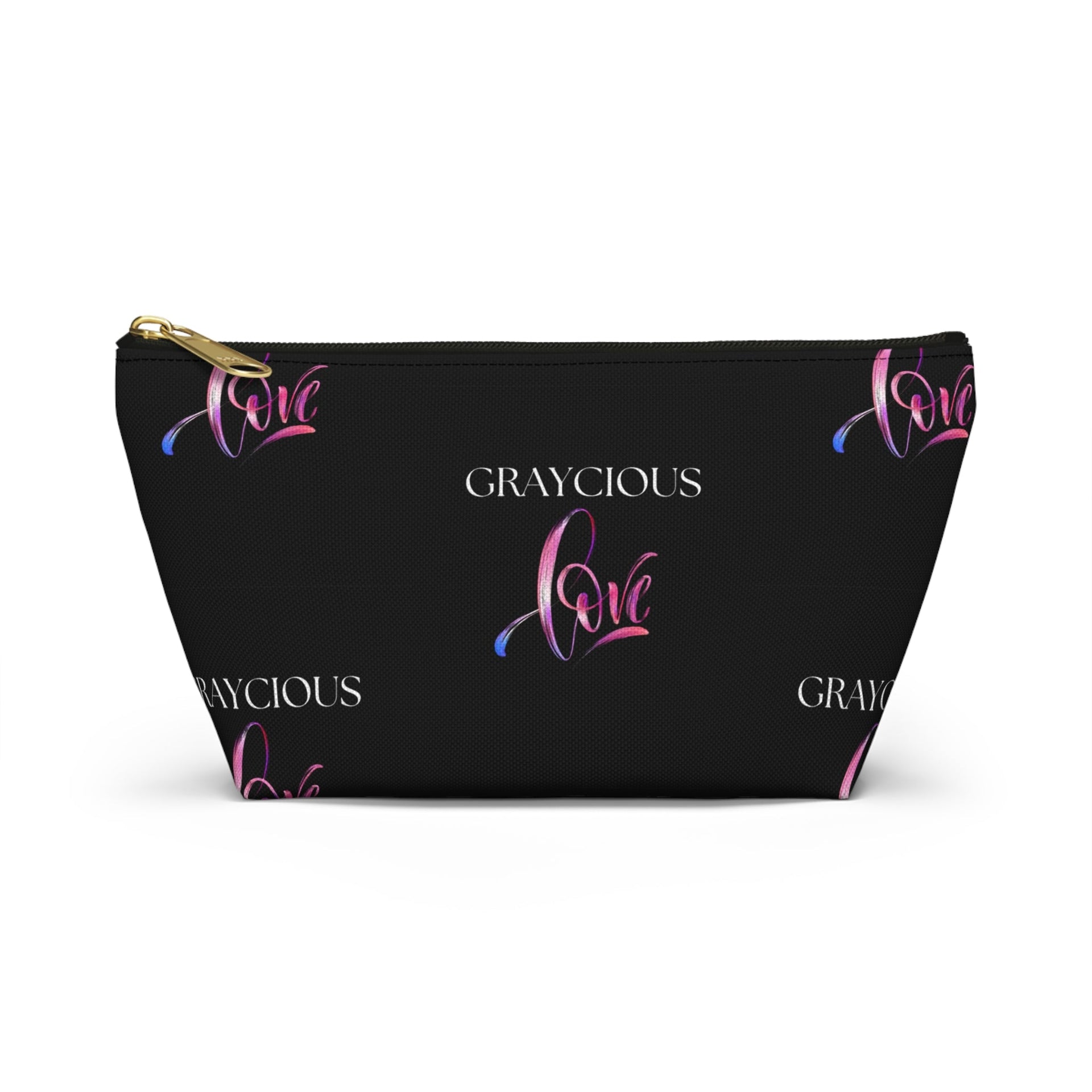 Modern minimalist accessory pouch in black with pink and purple gradient typography and zip closure