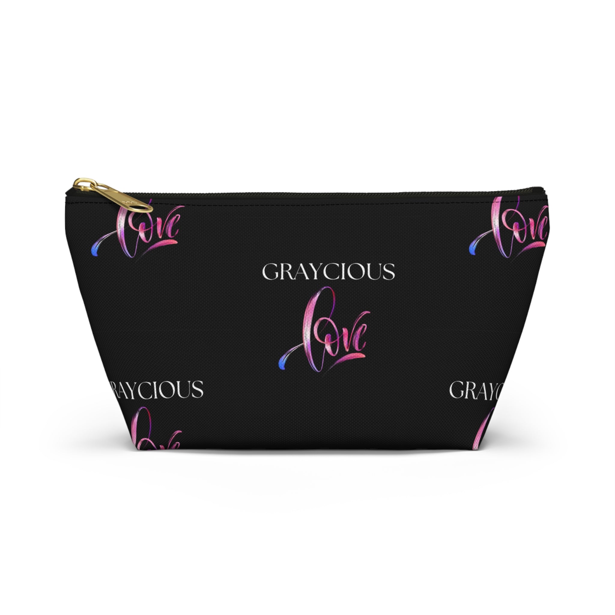 Modern minimalist accessory pouch in black with pink and purple gradient typography and zip closure