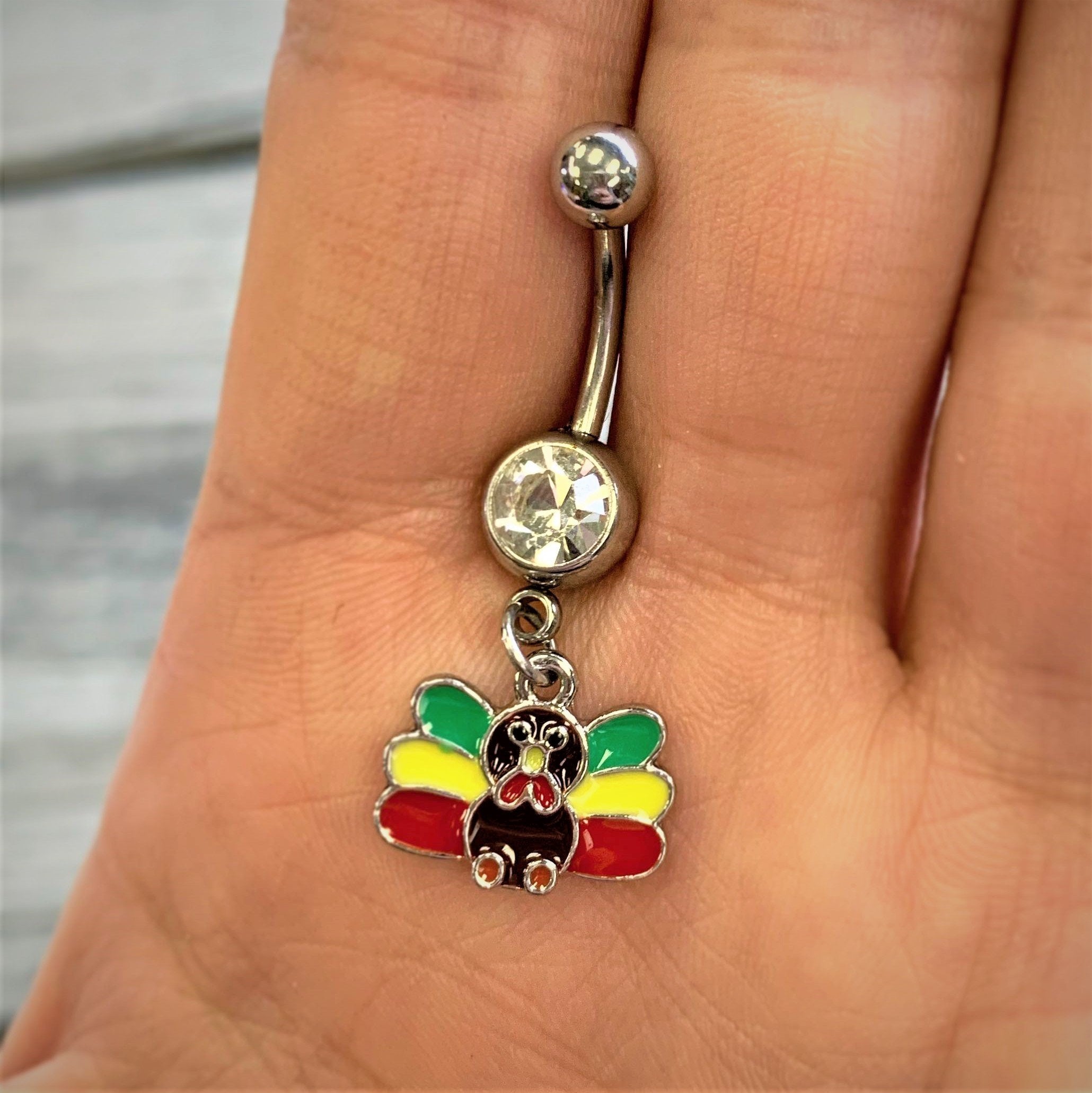 Clear Gem Red Green Rasta Thanksgiving Turkey Dangle Belly Ring