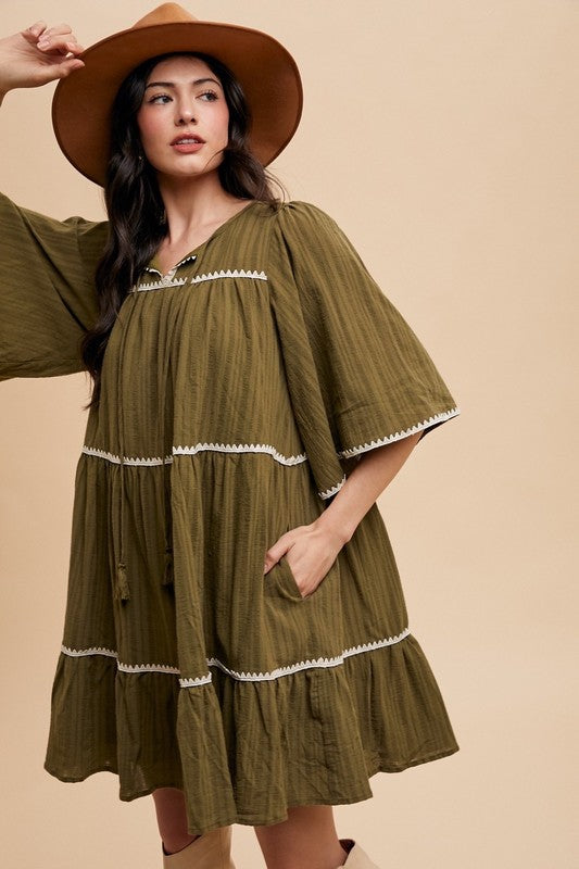 Bohemian Tassel Trim Tiered Midi Dress with Tie Neck