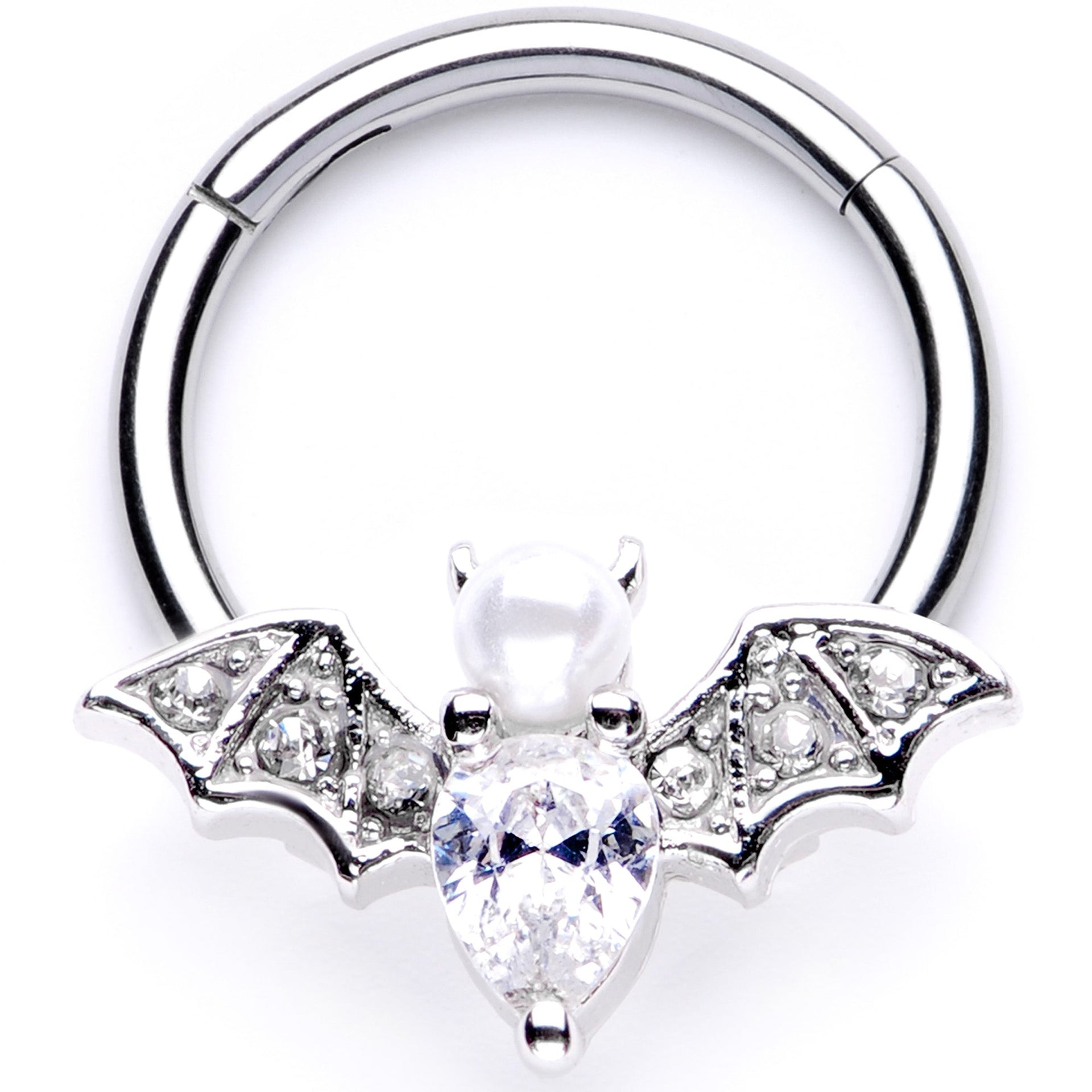 16G 3/8 Clear Gem Vampire Bat Halloween Hinged Segment Ring