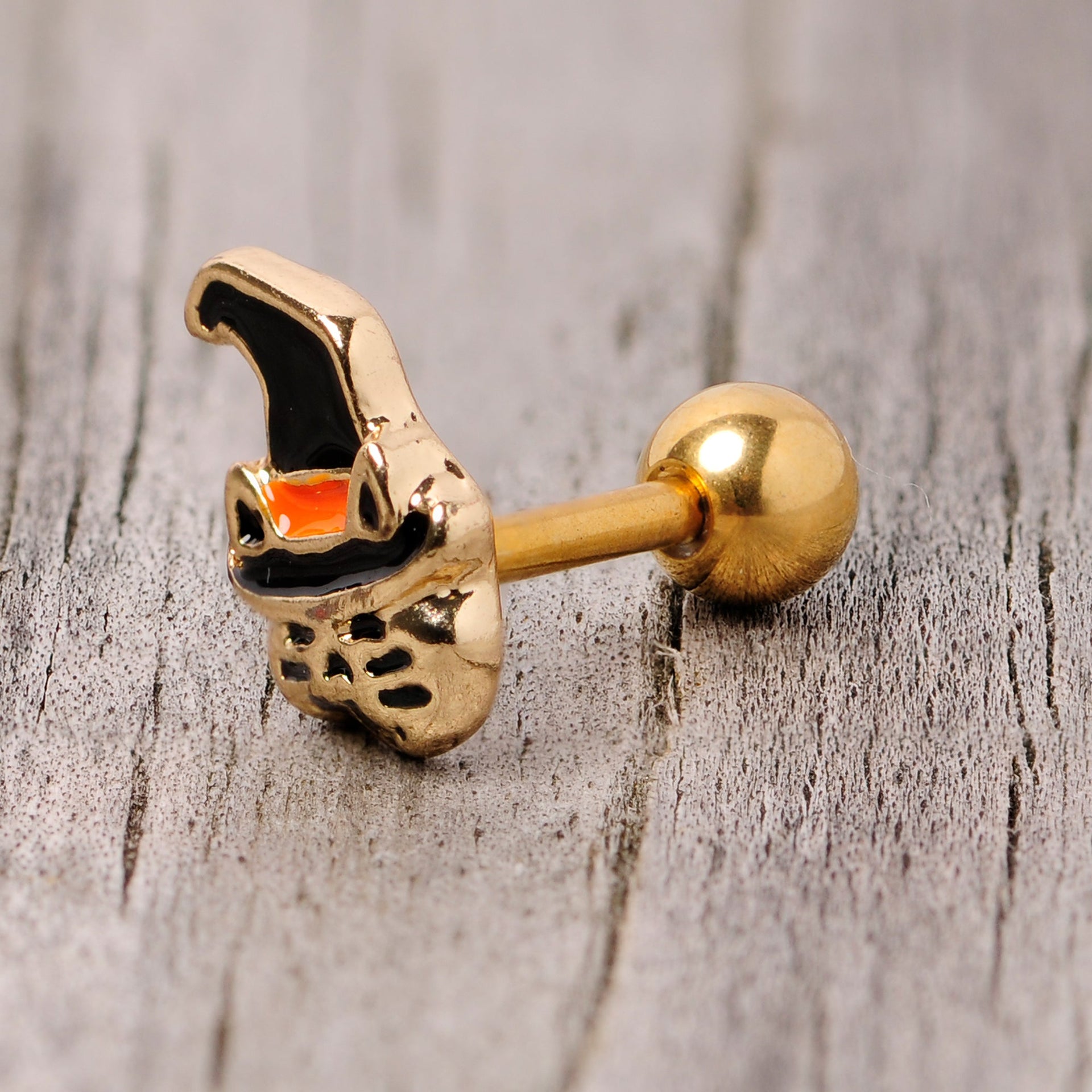 16G 1/4 Black Gold Tone Witch Hat Cat Halloween Cartilage Tragus