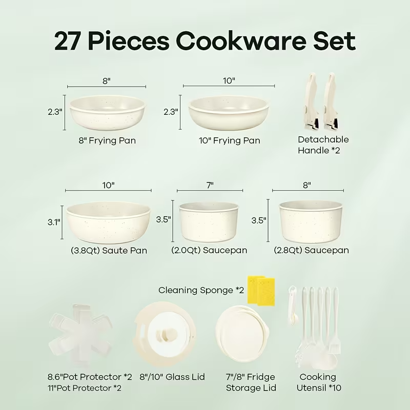 27-Piece Nonstick Cookware Set with Removable Handles