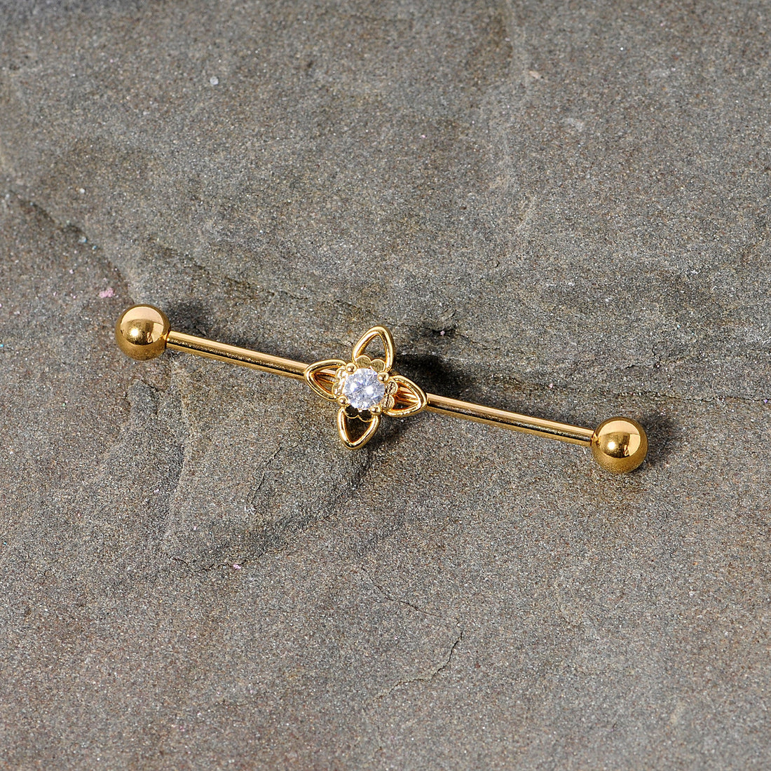 14G Clear CZ Gem Gold Tone Open Flower Industrial Barbell 38mm