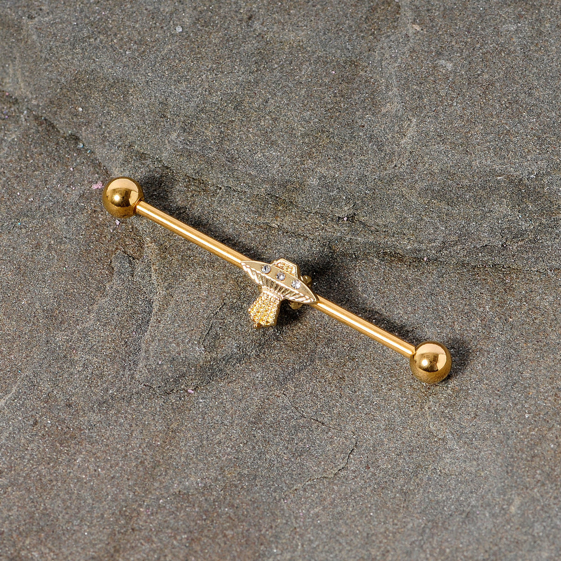 14G Clear Gem Gold Tone Alien UFO Beam Industrial Barbell 38mm