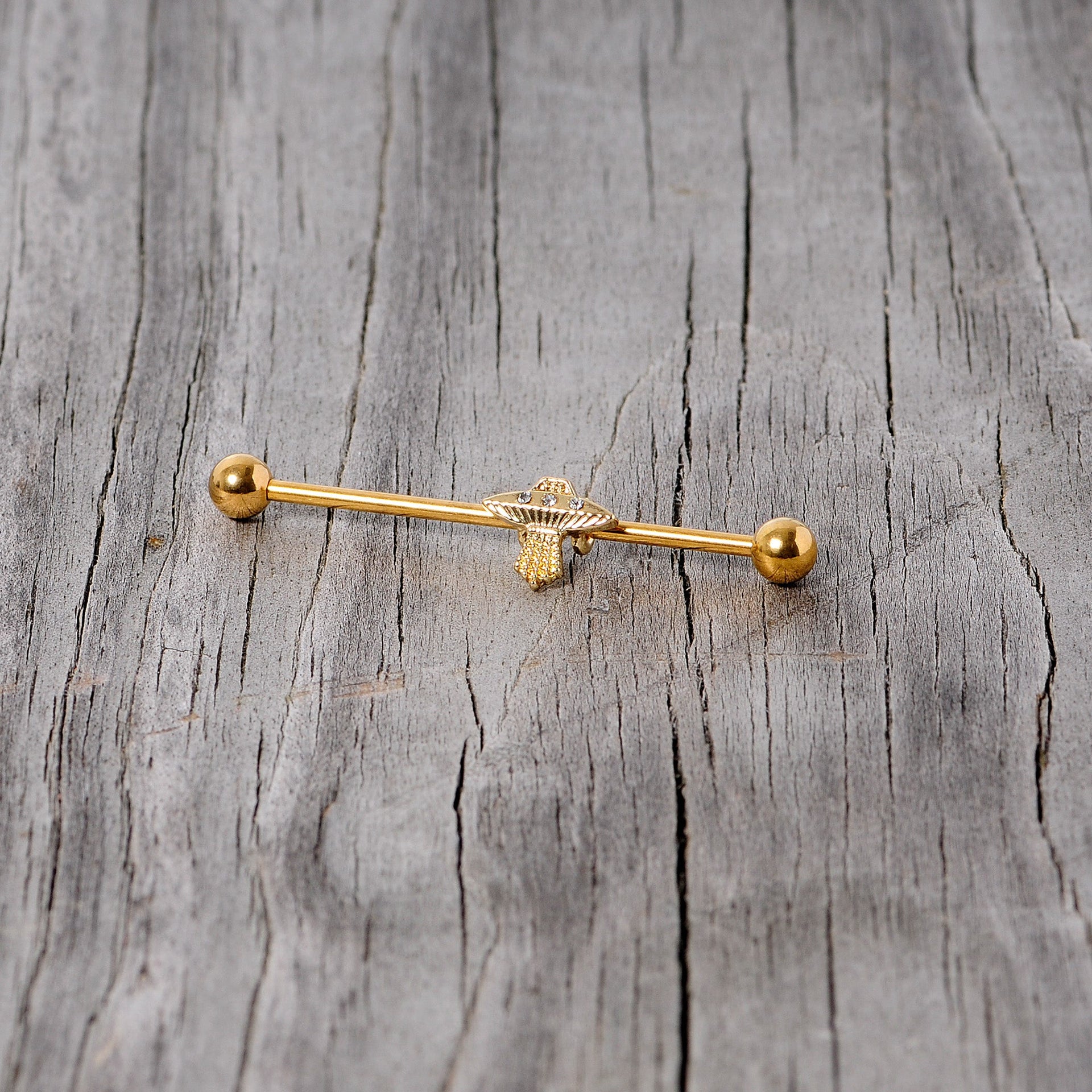 14G Clear Gem Gold Tone Alien UFO Beam Industrial Barbell 38mm