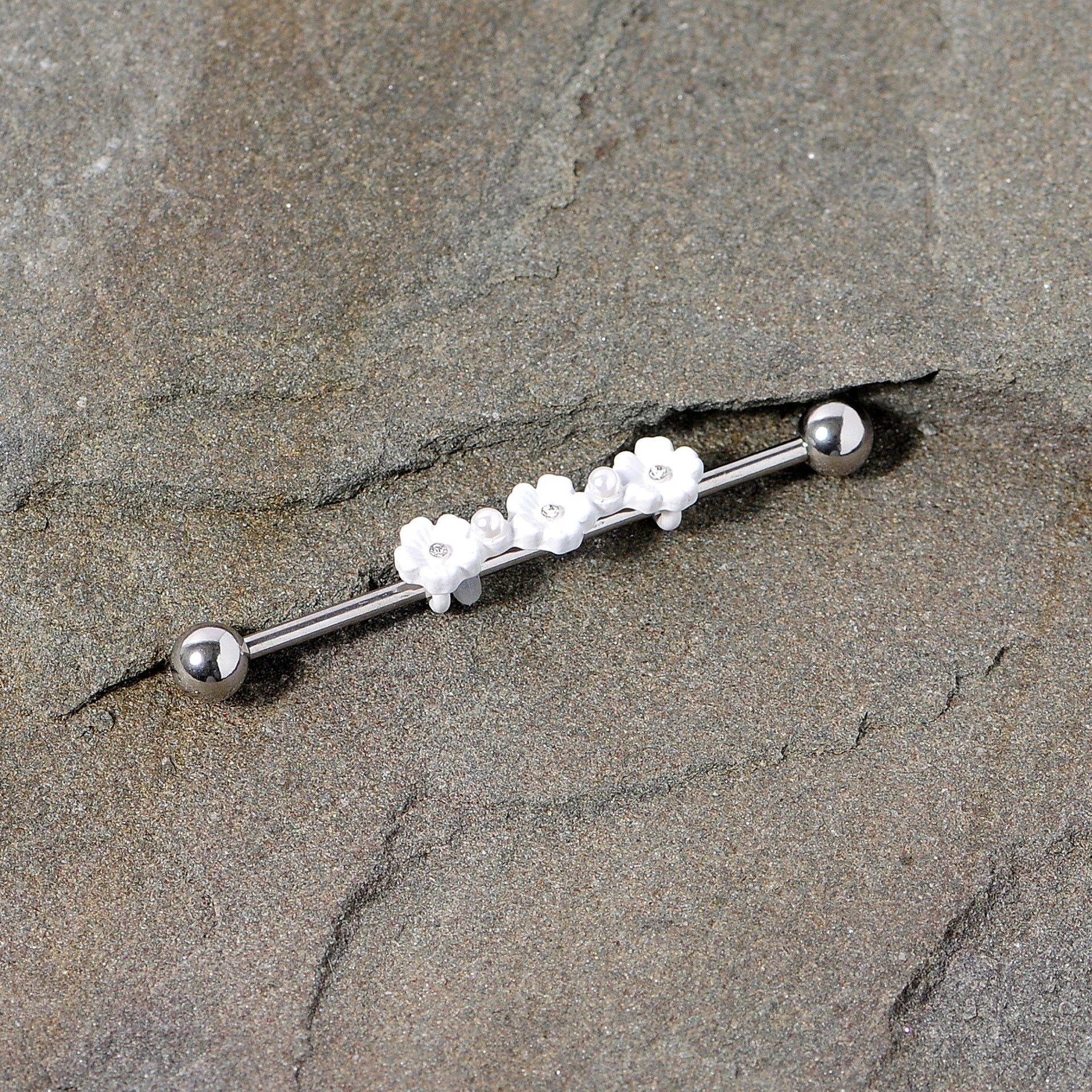 14G Clear Gem White Flower Industrial Barbell 38mm