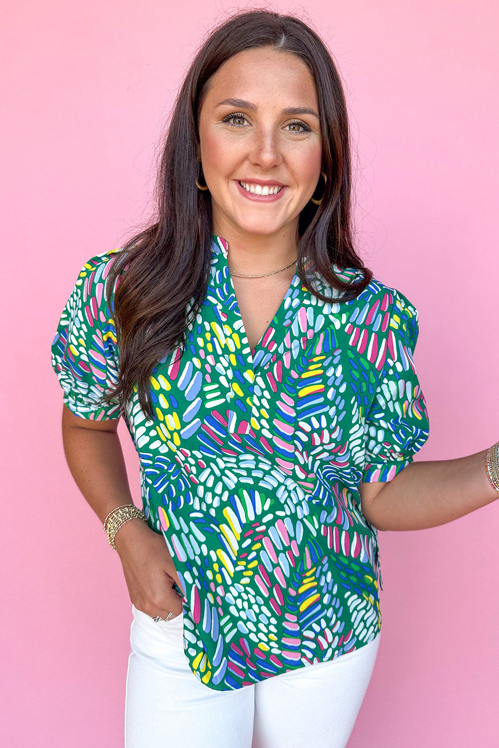 Green Geometric Print Puff Sleeve Notched Neck Blouse