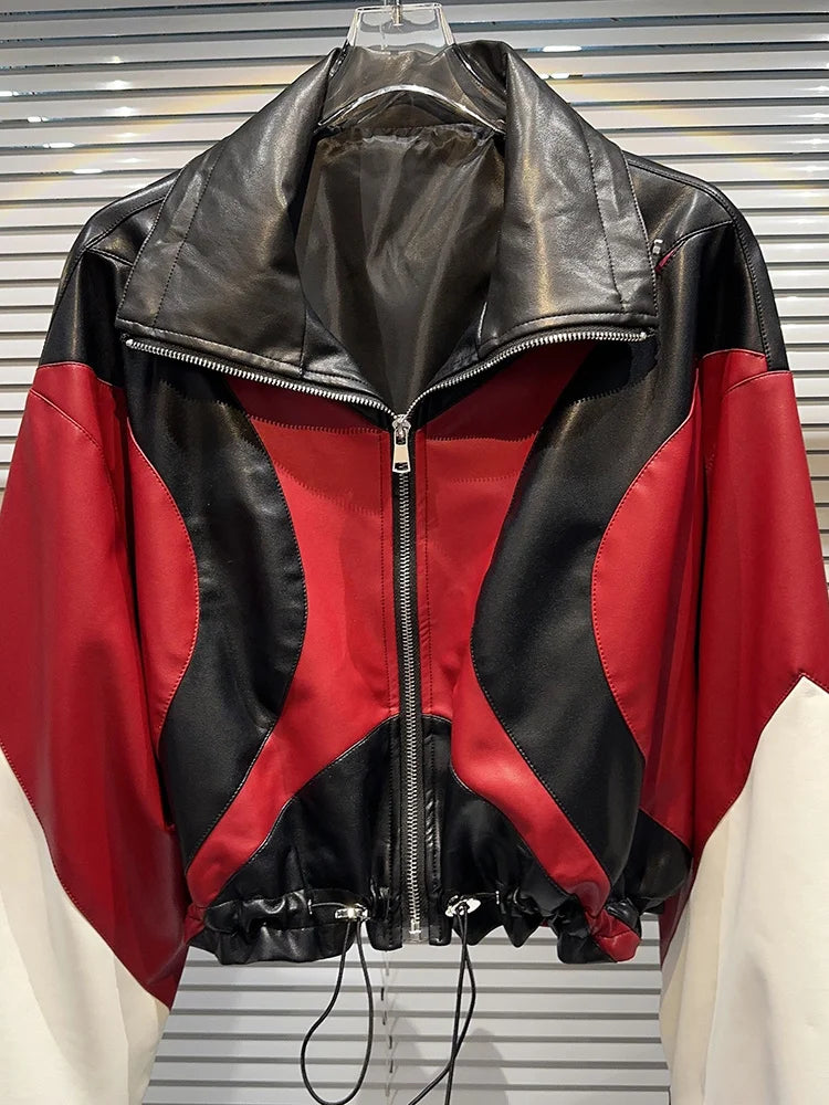 Women's Harajuku Contrast Patchwork Leather Motorcycle Jacket - Image 2