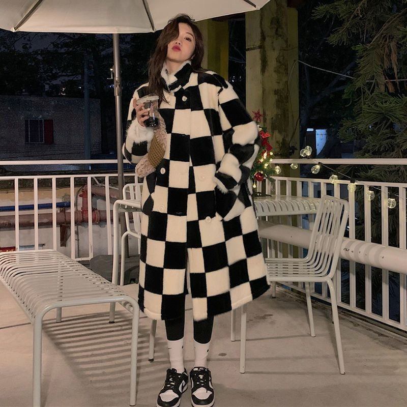 Women's Elegant Black & White Checkerboard Double-Breasted Long Coat - Image 6