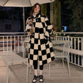 Women's Elegant Black & White Checkerboard Double-Breasted Long Coat - Image 6
