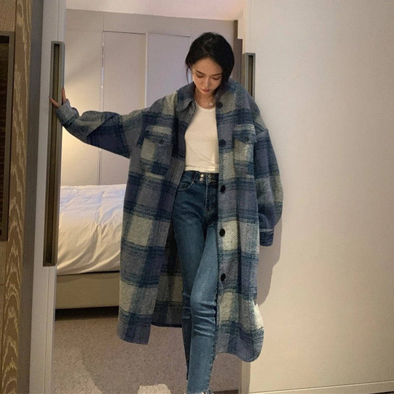 Women’s Blue Plaid Long Woolen Coat Loose Harajuku Streetwear