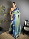 Pista Green Soft Silk Dharmavaram Saree with intricate gold zari weaving and matching blouse